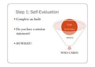 Step 1: Self-Evaluation
Complete an Audit
                             Your
Do you have a mission      Activities
statement?
                             MISSION

SO WHAT?

                          WHO CARES?
 
