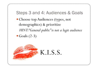 Steps 3 and 4: Audiences & Goals
 Choose top Audiences (types, not
 demographics) & prioritize
 HINT:“General public” is not a legit audience
 Goals (2-3)



                K.I.S.S.
 