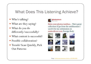 What Does This Listening Achieve?
Who’s talking?
What are they saying?
What do you do
differently/successfully?
What conte...