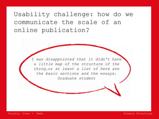 Frankly, Green + Webb @lhmann @franklygw
Usability challenge: how do we
communicate the scale of an
online publication?
I ...