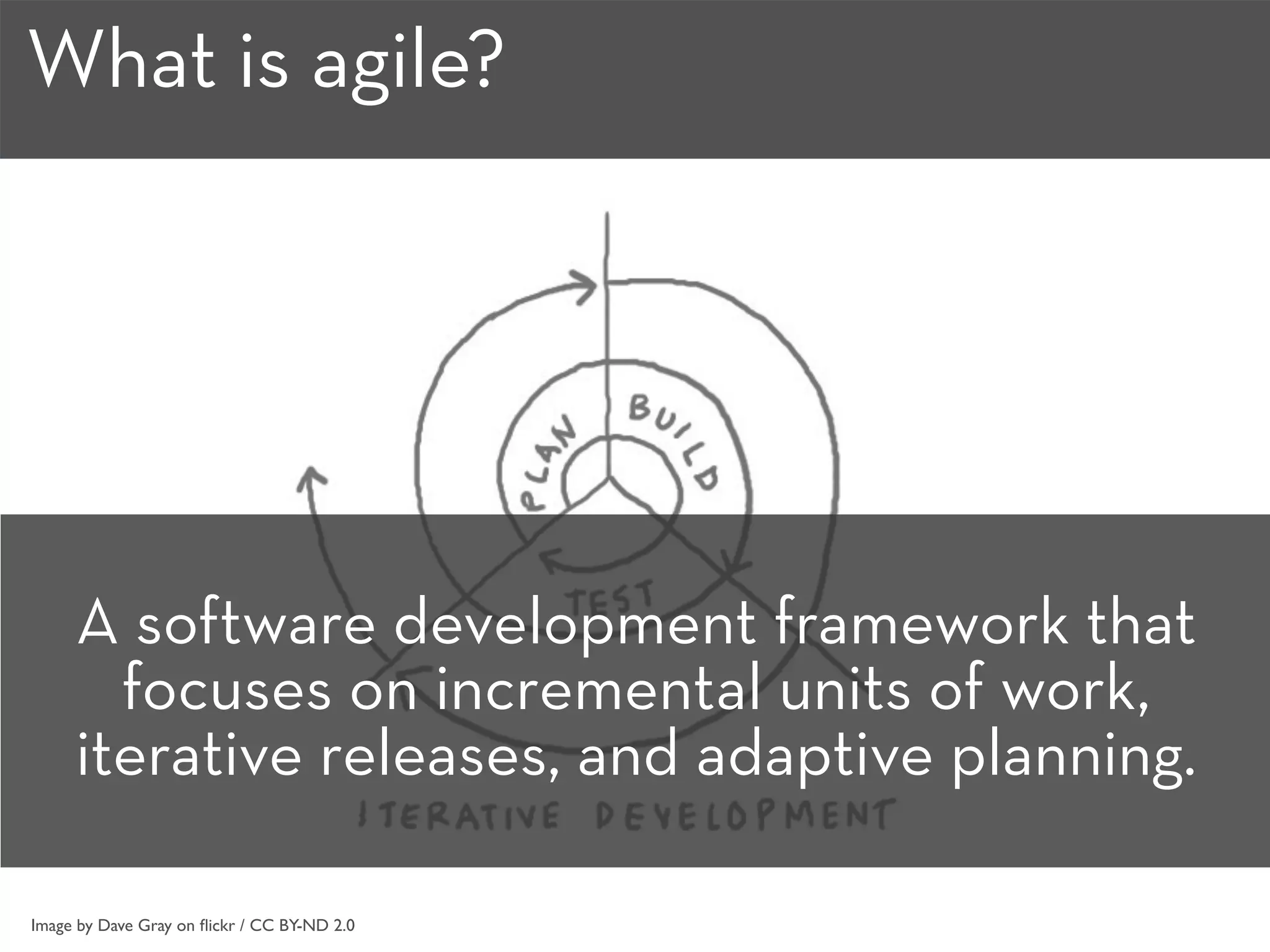 What is agile?
A software development framework that
focuses on incremental units of work,
iterative releases, and adaptive planning.
Image by Dave Gray on ﬂickr / CC BY-ND 2.0
 