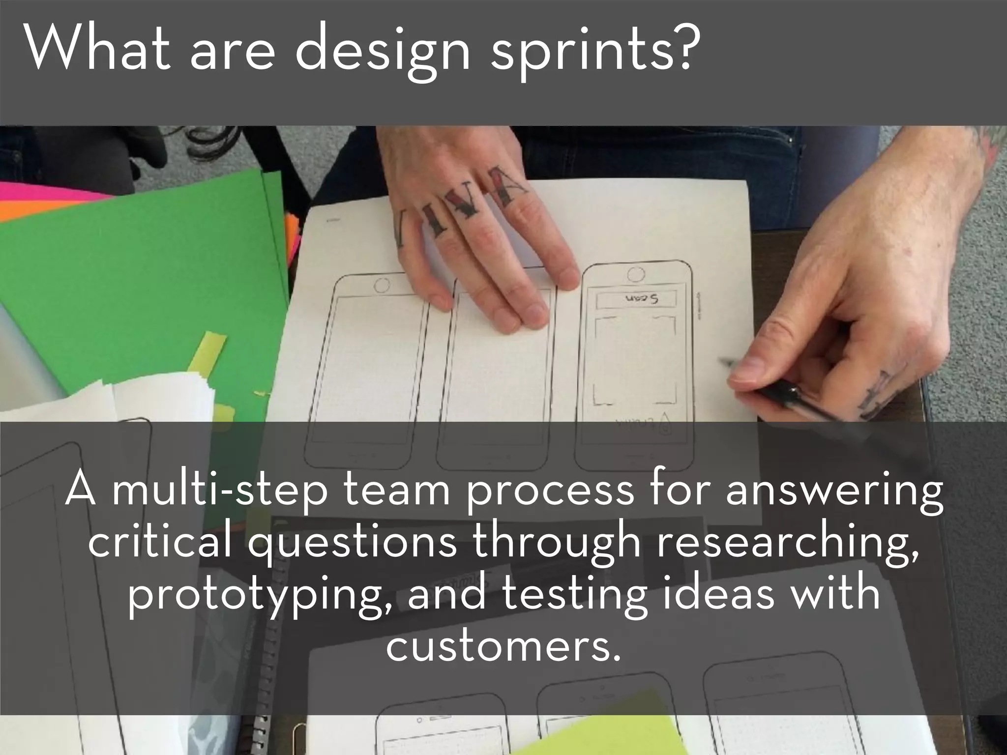 What are design sprints?
A multi-step team process for answering
critical questions through researching,
prototyping, and testing ideas with
customers.
 