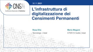 L'infrastruttura di
digitalizzazione dei
Censimenti Permanenti
Rosa Elia Mario Magarò
Tecnologo | Istat CTER IV livello | Istat
30.11.2021
 