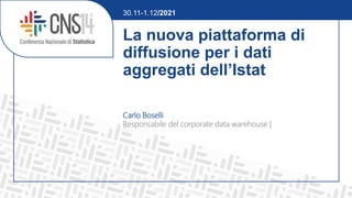 La nuova piattaforma di
diffusione per i dati
aggregati dell’Istat
Carlo Boselli
Responsabile del corporate data warehouse |
30.11-1.12/2021
 