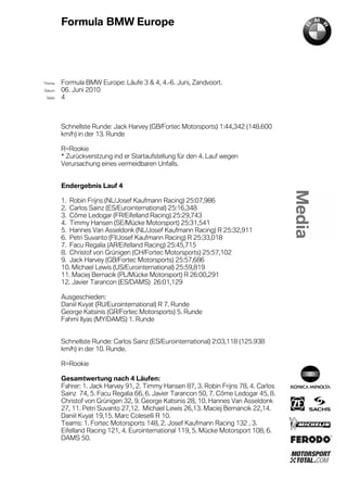 Formula BMW Europe




´Thema    Formula BMW Europe: Läufe 3 & 4, 4.-6. Juni, Zandvoort.
Datum     06. Juni 2010
  Seite   4



          Schnellste Runde: Jack Harvey (GB/Fortec Motorsports) 1:44,342 (148.600
          km/h) in der 13. Runde

          R=Rookie
          * Zurückverstzung ind er Startaufstellung für den 4. Lauf wegen
          Verursachung eines vermeidbaren Unfalls.


          Endergebnis Lauf 4

          1. Robin Frijns (NL/Josef Kaufmann Racing) 25:07,986
          2. Carlos Sainz (ES/Eurointernational) 25:16,348
          3. Côme Ledogar (FR/Eifelland Racing) 25:29,743
          4. Timmy Hansen (SE/Mücke Motorsport) 25:31,541
          5. Hannes Van Asseldonk (NL/Josef Kaufmann Racing) R 25:32,911
          6. Petri Suvanto (FI/Josef Kaufmann Racing) R 25:33,018
          7. Facu Regalia (AR/Eifelland Racing) 25:45,715
          8. Christof von Grünigen (CH/Fortec Motorsports) 25:57,102
          9. Jack Harvey (GB/Fortec Motorsports) 25:57,686
          10. Michael Lewis (US/Eurointernational) 25:59,819
          11. Maciej Bernacik (PL/Mücke Motorsport) R 26:00,291
          12. Javier Tarancon (ES/DAMS) 26:01,129

          Ausgeschieden:
          Daniil Kvyat (RU/Eurointernational) R 7. Runde
          George Katsinis (GR/Fortec Motorsports) 5. Runde
          Fahmi Ilyas (MY/DAMS) 1. Runde


          Schnellste Runde: Carlos Sainz (ES/Eurointernational) 2:03,118 (125.938
          km/h) in der 10. Runde.

          R=Rookie

          Gesamtwertung nach 4 Läufen:
          Fahrer: 1. Jack Harvey 91, 2. Timmy Hansen 87, 3. Robin Frijns 78, 4. Carlos
          Sainz 74, 5. Facu Regalia 66, 6. Javier Tarancon 50, 7. Côme Ledogar 45, 8.
          Christof von Grünigen 32, 9. George Katsinis 28, 10. Hannes Van Asseldonk
          27, 11. Petri Suvanto 27,12. Michael Lewis 26,13. Maciej Bernancik 22,14.
          Daniil Kvyat 19,15. Marc Coleselli R 10.
          Teams: 1. Fortec Motorsports 148, 2. Josef Kaufmann Racing 132 , 3.
          Eifelland Racing 121, 4. Eurointernational 119, 5. Mücke Motorsport 108, 6.
          DAMS 50.
 