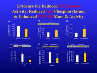 B
0
50
100
150
200
PTP-1BMass
(percentofcontrol)
Control Fructose-fed
Control Fructose-fed
C
0
100
200
300
PTP-1BActivity
(percentofcontrol)
Control Fructose-fed
A
0
20
40
60
80
100
120
PI3-KinaseActivity
(percentofcontrol)
Control Fructose-fed
* **
***
D
+ + + +Insulin
0
20
40
60
80
100
120
140
Insulin-InducedAktSerine
Phosphorylation(%ofcontrol)
Control Fructose-fed
Insulin
_
+ _
+
E
Insulin
Insulin-InducedAktThreonine
Phosphorylation(%ofcontrol)
Control Fructose-fed
0
20
40
60
80
100
120
_
+
_
+
+ + + +
Insulin
F Control Fructose-fed
20
40
60
80
100
120
140
160
AktProteinMass
(percentofcontrol)
0
Control Fructose-fed
****
***
*
Evidence for Reduced PI-3 Kinase
Activity, Reduced Akt Phosphorylation,
& Enhanced PTP-1B Mass & Activity
 