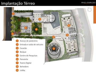 Implantação Térreo
1
3
5
6
7
2
4
8
9
Acesso de pedestres
Entrada e saída de veículos
Casarão
Bosque
Passarela
Belvedere
Lobby
Teatro Digital
Centro de Pesquisas
1
3
5
6
7
2
4
8
9
 
