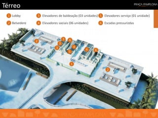 Térreo
1
2
Lobby
Belvedere
3
4
Elevadores de baldeação (03 unidades)
Elevadores sociais (06 unidades)
5
6
Elevadores serviço (01 unidade)
Escadas pressurizdas
1
3
3
4
5 6
2
2
3
6
4
 