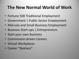 The New Normal World of Work
• Fortune 500 Traditional Employment
• Government | Public Sector Employment
• Mid-size and Small Business Employment
• Business Start-ups | Entrepreneurs
• Start your own business
• Commission-driven Careers
• Virtual Workplaces
• Career “Slashers”
 