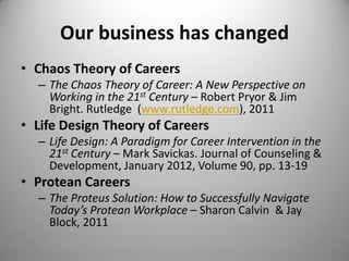 Our business has changed
• Chaos Theory of Careers
– The Chaos Theory of Career: A New Perspective on
Working in the 21st Century – Robert Pryor & Jim
Bright. Rutledge (www.rutledge.com), 2011
• Life Design Theory of Careers
– Life Design: A Paradigm for Career Intervention in the
21st Century – Mark Savickas. Journal of Counseling &
Development, January 2012, Volume 90, pp. 13-19
• Protean Careers
– The Proteus Solution: How to Successfully Navigate
Today’s Protean Workplace – Sharon Calvin & Jay
Block, 2011
 