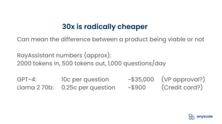 Can mean the difference between a product being viable or not
RayAssistant numbers (approx):
2000 tokens in, 500 tokens out, 1,000 questions/day
GPT-4: 10c per question ~$35,000 (VP approval?)
Llama 2 70b: 0.25c per question ~$900 (Credit card?)
30x is radically cheaper
 