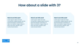 44
Here is an info card
Lorem ipsum dolor sit amet,
consectetur adipiscing elit, sed do
eiusmod tempor incid idunt ut
labo re et dolore magna aliqu Ut
enim ad minim veniam, quis
nostrud exercitation
How about a slide with 3?
Here is an info card
Lorem ipsum dolor sit amet,
consectetur adipiscing elit, sed do
eiusmod tempor incid idunt ut
labo re et dolore magna aliqu Ut
enim ad minim veniam, quis
nostrud exercitation
Here is an info card
Lorem ipsum dolor sit amet,
consectetur adipiscing elit, sed do
eiusmod tempor incid idunt ut
labo re et dolore magna aliqu Ut
enim ad minim veniam, quis
nostrud exercitation
 