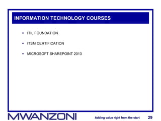 Adding value right from the startAdding value right from the start 29Adding value right from the startAdding value right from the start 29
INFORMATION TECHNOLOGY COURSES
 ITIL FOUNDATION
 ITSM CERTIFICATION
 MICROSOFT SHAREPOINT 2013
 