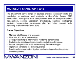 Adding value right from the startAdding value right from the start 33Adding value right from the startAdding value right from the start 33
MICROSOFT SHAREPOINT 2013
The SharePoint server range of courses provides necessary skills and
knowledge to configure and maintain a SharePoint Server 2013
environment. Participants learn best practices such as enterprise content
management, service application architecture, business intelligence
solutions, implementing governance plan and other relevant skills
pertaining to SharePoint Server 2013.
Course Objectives.
 Manage site lifecycle and taxonomy
 Build and add apps and services
 Configure caching to improve site rendering performance
 Optimize site assets and resources to maximize performance
 Ensure best practices while implementing SharePoint apps
 Implement variations for multilingual sites
 Create and manage authentication, authorization and custom server-
side components
 