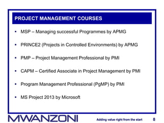 Adding value right from the startAdding value right from the start 8Adding value right from the startAdding value right from the start 8
PROJECT MANAGEMENT COURSES
 MSP – Managing successful Programmes by APMG
 PRINCE2 (Projects in Controlled Environments) by APMG
 PMP – Project Management Professional by PMI
 CAPM – Certified Associate in Project Management by PMI
 Program Management Professional (PgMP) by PMI
 MS Project 2013 by Microsoft
 