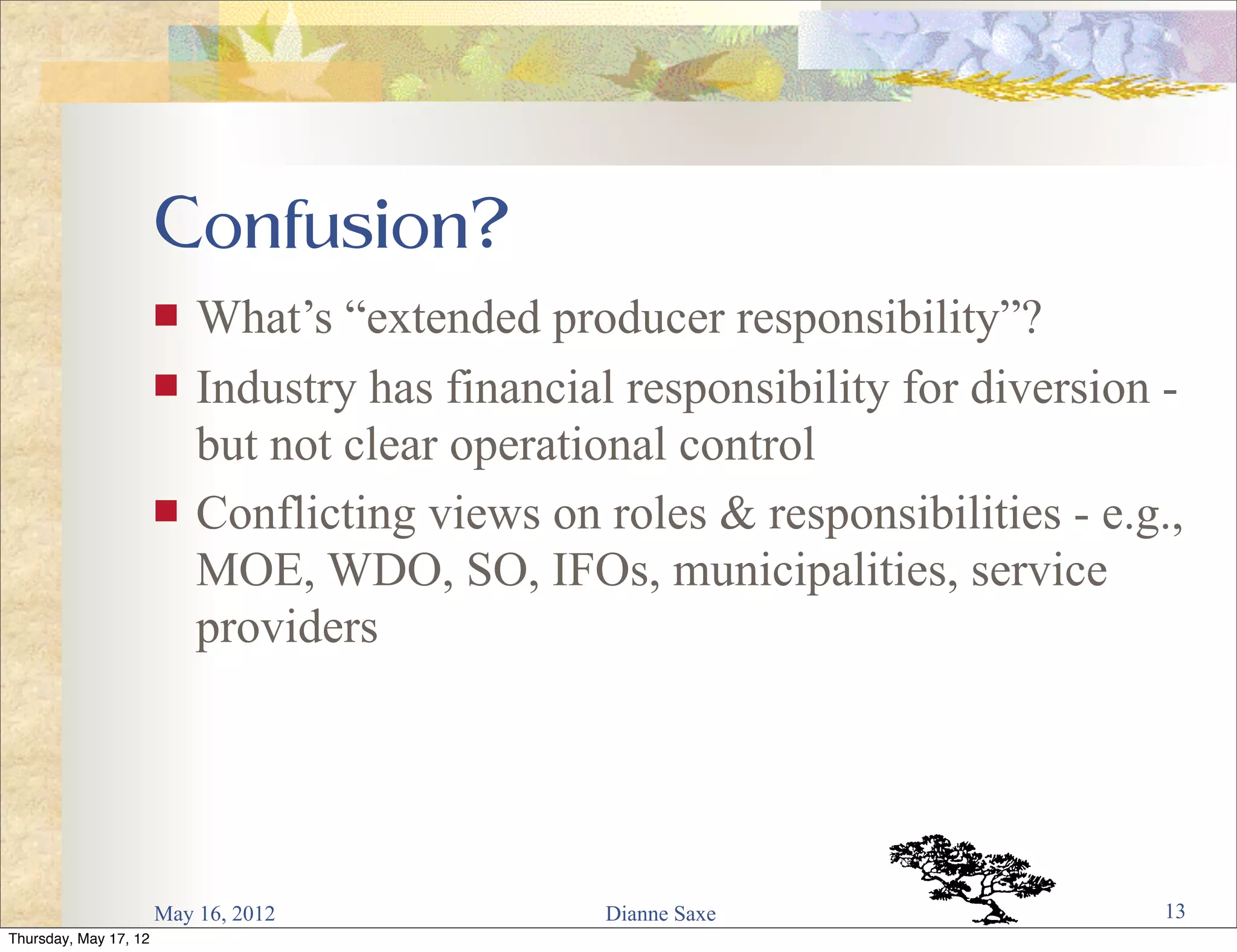 Confusion?
                       n   What’s “extended producer responsibility”?
                       n   Industry has financial responsibility for diversion -
                            but not clear operational control
                       n   Conflicting views on roles & responsibilities - e.g.,
                            MOE, WDO, SO, IFOs, municipalities, service
                            providers




                       May 16, 2012              Dianne Saxe                   13
Thursday, May 17, 12
 