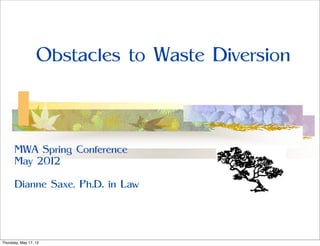 Obstacles to Waste Diversion



      MWA Spring Conference
      May 2012

      Dianne Saxe, Ph.D. in Law




Thursday, May 17, 12
 