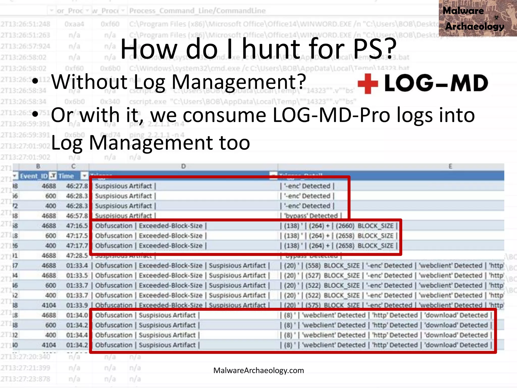 How do I hunt for PS?
• Without Log Management?
• Or with it, we consume LOG-MD-Pro logs into
Log Management too
MalwareArchaeology.com
 
