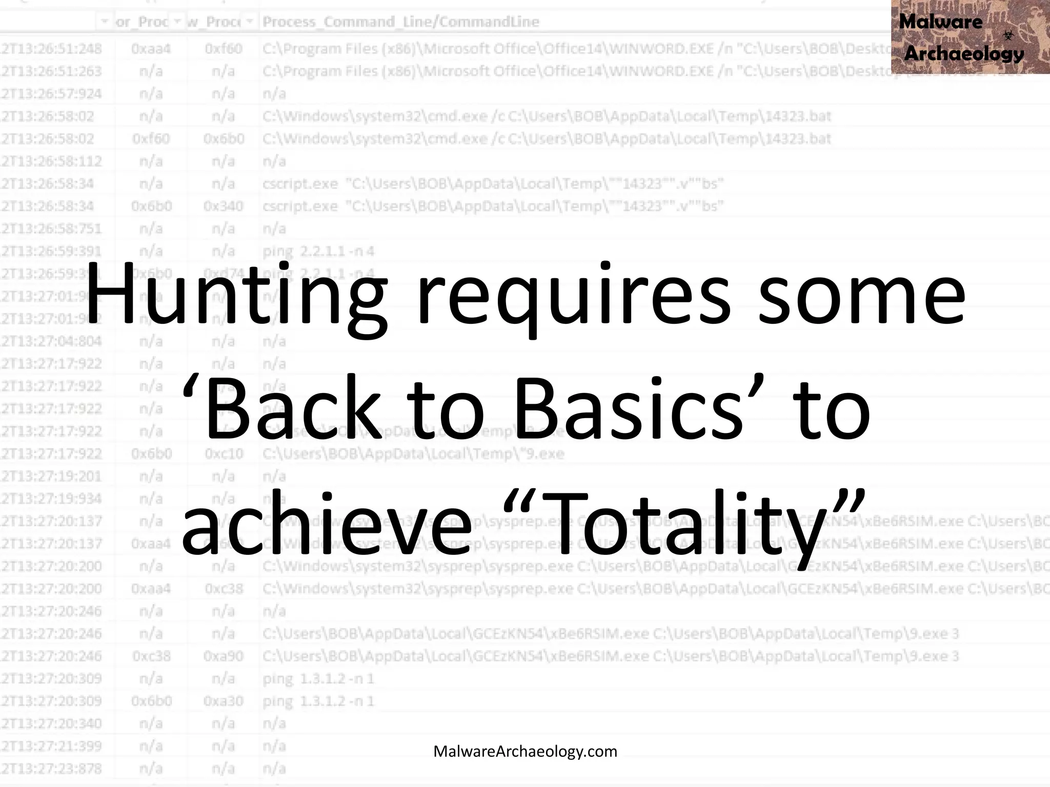 Hunting requires some
‘Back to Basics’ to
achieve “Totality”
MalwareArchaeology.com
 