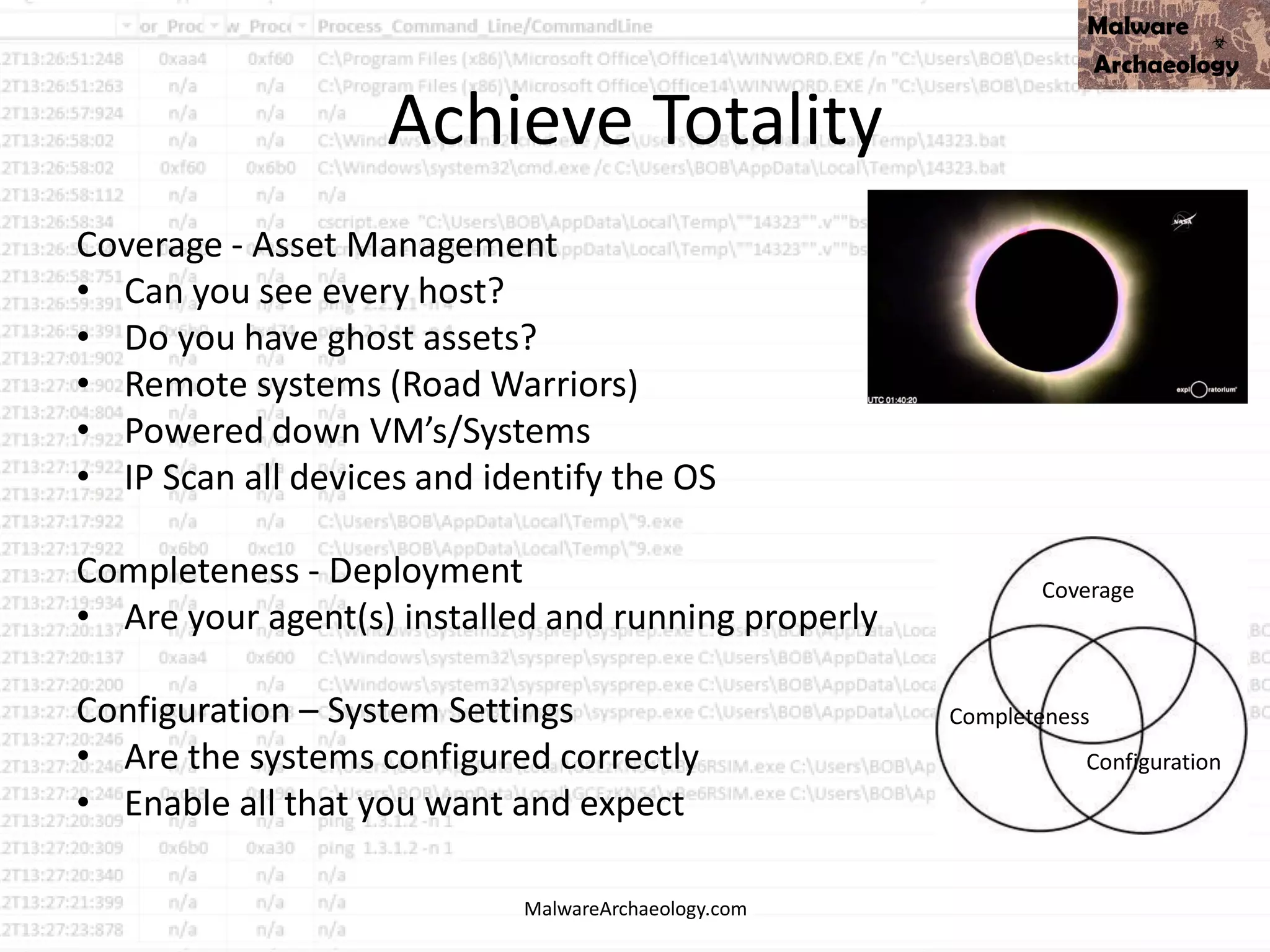 Achieve Totality
Coverage - Asset Management
• Can you see every host?
• Do you have ghost assets?
• Remote systems (Road Warriors)
• Powered down VM’s/Systems
• IP Scan all devices and identify the OS
Completeness - Deployment
• Are your agent(s) installed and running properly
Configuration – System Settings
• Are the systems configured correctly
• Enable all that you want and expect
MalwareArchaeology.com
Coverage
Completeness
Configuration
 