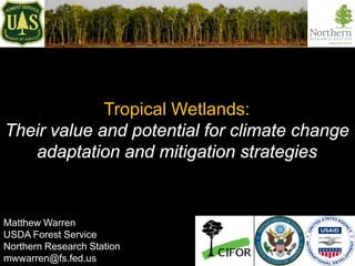 Tropical Wetlands:
Their value and potential for climate change
   adaptation and mitigation strategies


Matthew Warren
USDA Forest Service
Northern Research Station
mwwarren@fs.fed.us
 