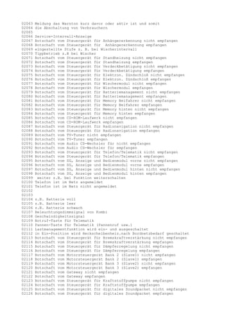 02063
02064
02065
02066
02067
02068
02069
02070
02071
02072
02073
02074
02075
02076
02077
02078
02079
02080
02081
02082
02083
02084
02085
02086
02087
02088
02089
02090
02091
02092
02093
02094
02095
02096
02097
02098
02099
02100
02101
02102
02103
02104
02105
02106
02107
02108
02109
02110
02111
02112
02113
02114
02115
02116
02117
02118
02119
02120
02121
02122
02123
02124
02125
02126

Meldung das Warnton kurz davor oder aktiv ist und somit
die Abschaltung von Verbrauchern
Service-Intervall-Anzeige
Botschaft vom Steuergerät für Anhängererkennung nicht empfangen
Botschaft vom Steuergerät für Anhängererkennung empfangen
eingestellte Stufe z. B. bei Wischerintervall
Tippbetrieb z.B bei Wischer
Botschaft vom Steuergerät für Standheizung nicht empfangen
Botschaft vom Steuergerät für Standheizung empfangen
Botschaft vom Steuergerät für Verdeckbetätigung nicht empfangen
Botschaft vom Steuergerät für Verdeckbetätigung empfangen
Botschaft vom Steuergerät für Elektron. Zündschloß nicht empfangen
Botschaft vom Steuergerät für Elektron. Zündschloß empfangen
Botschaft vom Steuergerät für Wischermodul nicht empfangen
Botschaft vom Steuergerät für Wischermodul empfangen
Botschaft vom Steuergerät für Batteriemanagement nicht empfangen
Botschaft vom Steuergerät für Batteriemanagement empfangen
Botschaft vom Steuergerät für Memory Beifahrer nicht empfangen
Botschaft vom Steuergerät für Memory Beifahrer empfangen
Botschaft vom Steuergerät für Memory hinten nicht empfangen
Botschaft vom Steuergerät für Memory hinten empfangen
Botschaft vom CD-ROM-Laufwerk nicht empfangen
Botschaft vom CD-ROM-Laufwerk empfangen
Botschaft vom Steuergerät für Radionavigation nicht empfangen
Botschaft vom Steuergerät für Radionavigation empfangen
Botschaft vom TV-Tuner nicht empfangen
Botschaft vom TV-Tuner empfangen
Botschaft vom Audio CD-Wechsler für nicht empfangen
Botschaft vom Audio CD-Wechsler für empfangen
Botschaft vom Steuergerät für Telefon/Telematik nicht empfangen
Botschaft vom Steuergerät für Telefon/Telematik empfangen
Botschaft vom SG, Anzeige und Bedienmodul vorne nicht empfangen
Botschaft vom SG, Anzeige und Bedienmodul vorne empfangen
Botschaft vom SG, Anzeige und Bedienmodul hinten nicht empfangen
Botschaft vom SG, Anzeige und Bedienmodul hinten empfangen
weiter z.B. bei Funktion weiterschalten
Telefon ist im Netz angemeldet
Telefon ist im Netz nicht angemeldet
z.B. Batterie voll
z.B. Batterie leer
z.B. Batterie schwach
Beleuchtungsdimmsignal von Kombi
Geschwindigkeitssignal
Notruf-Taste für Telematik
Pannen-Taste für Telematik (Pannenruf usw.)
Lastmanagementfunktion wird ein- und ausgeschaltet
in Ein-Position wird Heckscheibenheiz.nach Bordnetzbedarf geschaltet
Botschaft vom Steuergerät für Bremskraftverstärkung nicht empfangen
Botschaft vom Steuergerät für Bremskraftverstärkung empfangen
Botschaft vom Steuergerät für Dämpferregelung nicht empfangen
Botschaft vom Steuergerät für Dämpferregelung empfangen
Botschaft vom Motorsteuergerät Bank 2 (Slave1) nicht empfangen
Botschaft vom Motorsteuergerät Bank 2 (Slave1) empfangen
Botschaft vom Motorsteuergerät Bank 3 (Slave2) nicht empfangen
Botschaft vom Motorsteuergerät Bank 3 (Slave2) empfangen
Botschaft vom Gateway nicht empfangen
Botschaft vom Gateway empfangen
Botschaft vom Steuergerät für Kraftstoffpumpe nicht empfangen
Botschaft vom Steuergerät für Kraftstoffpumpe empfangen
Botschaft vom Steuergerät für digitales Soundpacket nicht empfangen
Botschaft vom Steuergerät für digitales Soundpacket empfangen

 