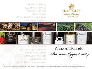 Wine Ambassador

The company makes no guarantee as to the amount of income participating Ambassadors will generate, results vary by Ambassador

 