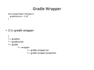 Gradle Wrapper
• C:> gradle wrapper
task wrapper(type: Wrapper) {
gradleVersion = '1.10‘
}
/
└── gradlew
└── gradlew.bat
└── gradle
└── wrapper
└── gradle-wrapper.jar
└── gradle-wrapper.properties
 