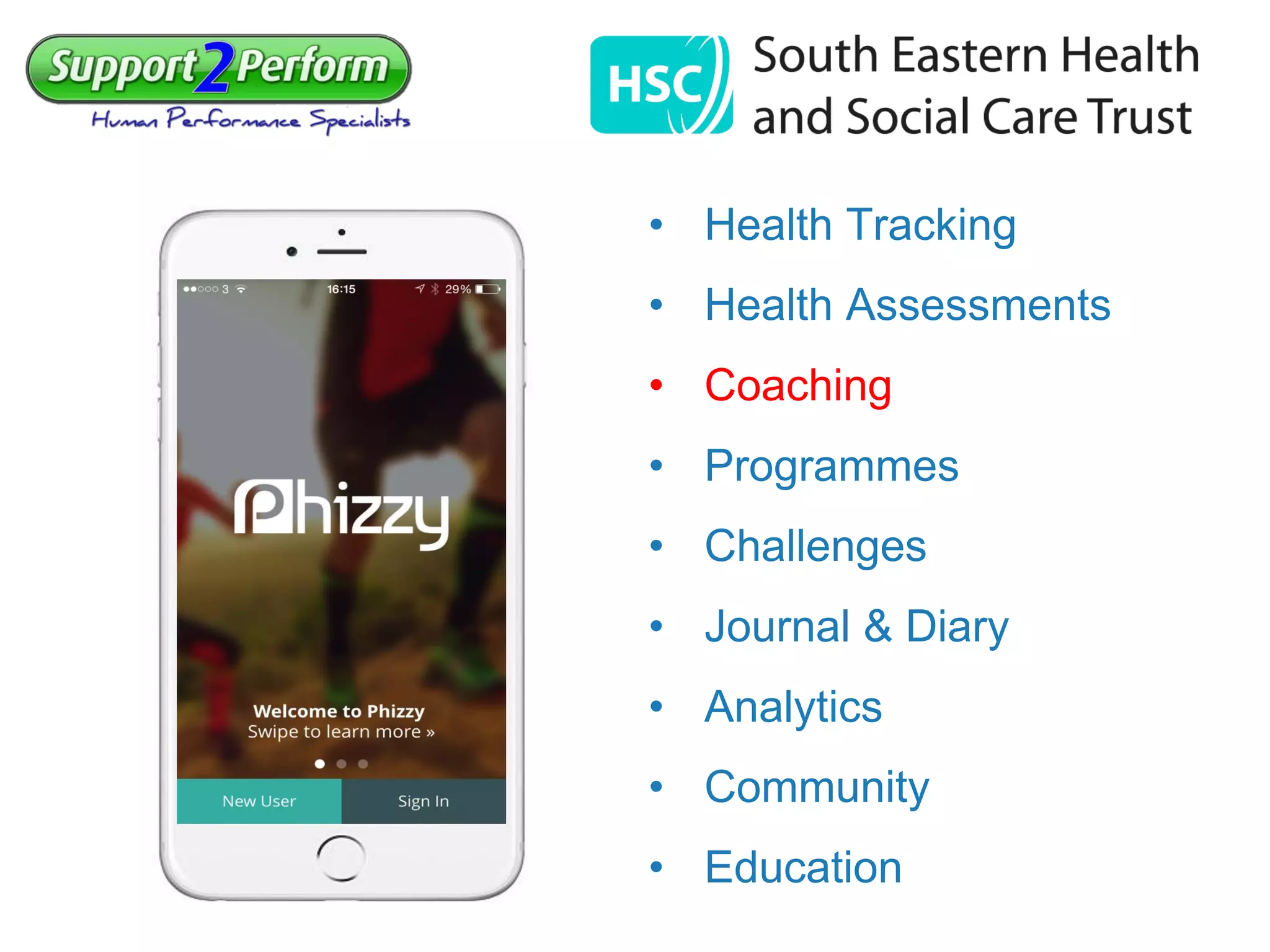 • Health Tracking
• Health Assessments
• Coaching
• Programmes
• Challenges
• Journal & Diary
• Analytics
• Community
• Education
 