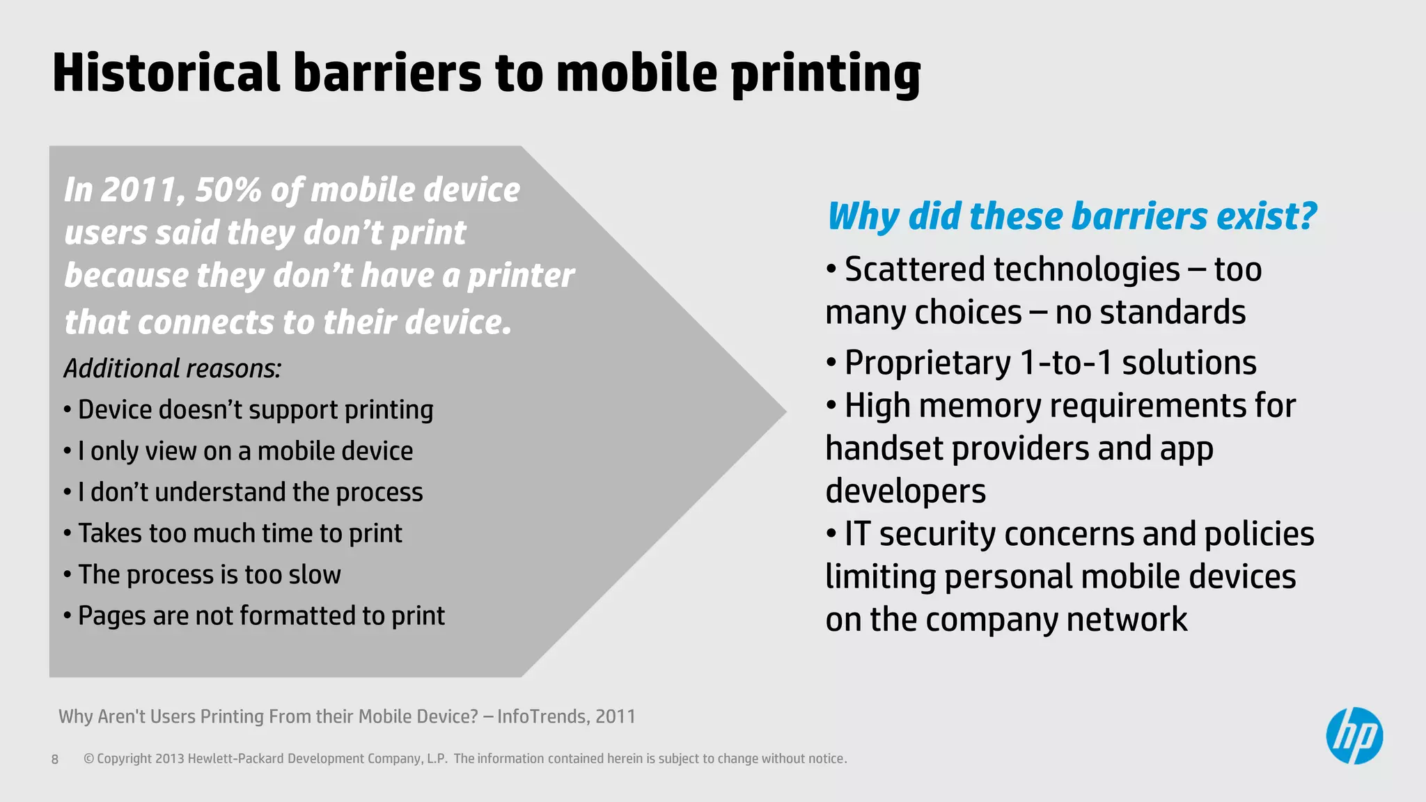 Historical barriers to mobile printing
In 2011, 50% of mobile device
users said they don’t print
because they don’t have a printer
that connects to their device.
Additional reasons:
• Device doesn’t support printing
• I only view on a mobile device
• I don’t understand the process
• Takes too much time to print
• The process is too slow
• Pages are not formatted to print

Why did these barriers exist?
• Scattered technologies – too
many choices – no standards
• Proprietary 1-to-1 solutions
• High memory requirements for
handset providers and app
developers
• IT security concerns and policies
limiting personal mobile devices
on the company network

Why Aren't Users Printing From their Mobile Device? – InfoTrends, 2011
8

© Copyright 2013 Hewlett-Packard Development Company, L.P. The information contained herein is subject to change without notice.

 
