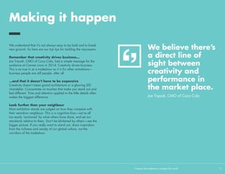 Specifications used to set devices apart—but now, with
even mid-range devices packing enough punch for most
everyday tasks, the focus is shifting onto premium design
and the experiences the product enables. Yet the mobile
devices we see at tradeshows are blank slates, untouched by
human personality or experience, accompanied only by lists
of specifications. Pick them up, briefly fiddle with them, put
them down, move on.
 
The most engaging stands bring to life the experiences that
their devices enable in an engaging manner. One brand
used their devices to photograph and showcase a gallery
of beautiful photographs from global cities, simultaneously
showcasing the quality of the camera and screen. It was an
activation that connected to the outside world, and focused
on the experience the device enabled.
Enable, don’t
label
Conquer the tradeshow, conquer the world			 17	
4 Transform products into experiences
 