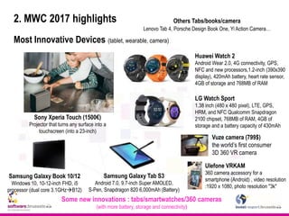 2. MWC 2017 highlights
Most Innovative Devices (tablet, wearable, camera)
Sony Xperia Touch (1500€)
Projector that turns any surface into a
touchscreen (into a 23-inch)
Huawei Watch 2
Android Wear 2.0, 4G connectivity, GPS,
NFC and new processors,1.2-inch (390x390
display), 420mAh battery, heart rate sensor,
4GB of storage and 768MB of RAM
Some new innovations : tabs/smartwatches/360 cameras
(with more battery, storage and connectivity)
LG Watch Sport
1.38 inch (480 x 480 pixel), LTE, GPS,
HRM, and NFC Qualcomm Snapdragon
2100 chipset, 768MB of RAM, 4GB of
storage and a battery capacity of 430mAh
Samsung Galaxy Tab S3
Android 7.0, 9.7-inch Super AMOLED,
S-Pen, Snapdragon 820 6,000mAh (Battery)
Samsung Galaxy Book 10/12
Windows 10, 10-12-inch FHD, i5
processor (dual core 3.1GHzB12)
Ulefone VRKAM
360 camera accessory for a
smartphone (Android) , video resolution
:1920 x 1080, photo resolution "3k"
Vuze camera (799$)
the world’s first consumer
3D 360 VR camera
Others Tabs/books/camera
Lenovo Tab 4, Porsche Design Book One, Yi Action Camera…
 
