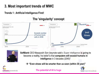 3. Most important trends of MWC
Trends 1 : Artificial Intelligence First!
SoftBank CEO Masayoshi Son (keynote said « Super intelligence is going to
become a reality, his belief is that computers will exceed humans in
intelligence in 3 decades (2040)”
The potential of AI is huge
The 'singularity' concept
 “Even shoes will be smarter than us soon (within 30 year)”
 