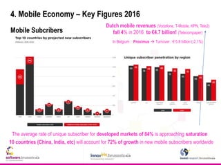4. Mobile Economy – Key Figures 2016
Mobile Subcribers
The average rate of unique subscriber for developed markets of 84% is approaching saturation
10 countries (China, India, etc) will account for 72% of growth in new mobile subscribers worldwide
Dutch mobile revenues (Vodafone, T-Mobile, KPN, Tele2)
fall 4% in 2016 to €4.7 billion! (Telecompaper)
In Belgium : Proximus  Turnover : € 5.8 billion (-2,1%)
 