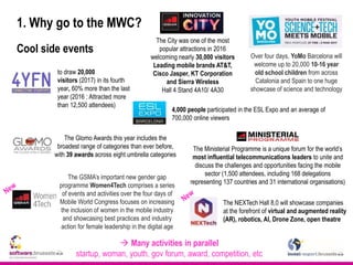 1. Why go to the MWC?
Cool side events
4,000 people participated in the ESL Expo and an average of
700,000 online viewers
Over four days, YoMo Barcelona will
welcome up to 20,000 10-16 year
old school children from across
Catalonia and Spain to one huge
showcase of science and technology
The GSMA’s important new gender gap
programme Women4Tech comprises a series
of events and activities over the four days of
Mobile World Congress focuses on increasing
the inclusion of women in the mobile industry
and showcasing best practices and industry
action for female leadership in the digital age
The NEXTech Hall 8,0 will showcase companies
at the forefront of virtual and augmented reality
(AR), robotics, AI, Drone Zone, open theatre
to draw 20,000
visitors (2017) in its fourth
year, 60% more than the last
year (2016 : Attracted more
than 12,500 attendees)
The City was one of the most
popular attractions in 2016
welcoming nearly 30,000 visitors
Leading mobile brands AT&T,
Cisco Jasper, KT Corporation
and Sierra Wireless
Hall 4 Stand 4A10/ 4A30
 Many activities in parallel
startup, woman, youth, gov forum, award, competition, etc
The Ministerial Programme is a unique forum for the world’s
most influential telecommunications leaders to unite and
discuss the challenges and opportunities facing the mobile
sector (1,500 attendees, including 168 delegations
representing 137 countries and 31 international organisations)
The Glomo Awards this year includes the
broadest range of categories than ever before,
with 39 awards across eight umbrella categories
 