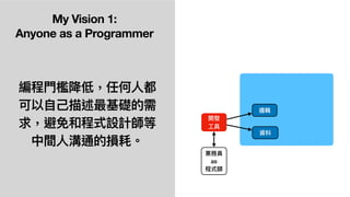 My Vision 1:
Anyone as a Programmer
編程⾨檻降低，任何⼈都
可以⾃⼰描述最基礎的需
求，避免和程式設計師等
中間⼈溝通的損耗。
開發
⼯具
業務員
as
程式師
資料
邏輯
 