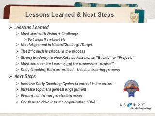 Lessons Learned & Next Steps 
 Lessons Learned 
 Must start with Vision + Challenge 
 Don’t begin IK’s without this 
 Need alignment in Vision/Challenge/Target 
 The 2nd coach is critical to the process 
 Strong tendency to view Kata as Kaizens, as “Events” or “Projects” 
 Must focus on the Learner, not the process or “project” 
 Daily Coaching Kata are critical – this is a learning process 
 Next Steps 
 Increase Daily Coaching Cycles to embed in the culture 
 Increase top management engagement 
 Expand use to non-production areas 
 Continue to drive into the organization “DNA” 
 
