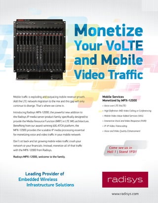 MWC12 Daily DAY2_DAY2 21/02/2012 13:05 Page 18




                                                          M net ze
                                                          Monetize
                                                            netize
                                                                 e
                                                          Your VoLTE
                                                          Your Vo TE
                                                           ou
                                                            ur
                                                            u       E
                                                          a d ob le
                                                          and Mobile
                                                                 bil
                                                                 b e
                                                          Vide Tra
                                                          Video Tra c
                                                              Mobile Services
                                                                     Serv
                                                                       rvices
                                                                       rvice
                                                                       rv
                                                              Monetized by MPX-12000
                                                                           MPX-12000




                                                                  Come see us in
                                                                 Hall 1 | Stand 1FO1
              Radisys MPX-12000, welcome
              Radisys MPX-12000, welcome to the family.
                                                family.




                      Leading Provider of
                             g
                    Embedded Wireless
                    Embedded Wireless
                               ucture Solut ons
                                      Soluti
                                          t
                       Infrastructure Solutions
 