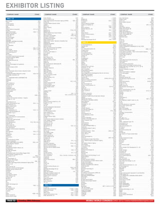 EXHIBITOR LISTING
MWC12 Daily DAY2_DAY2 23/02/2012 14:23 Page 52




       COMPANY NAME                                            STAND            COMPANY NAME                                              STAND            COMPANY NAME                                           STAND           COMPANY NAME                                            STAND

                                                                              Kineto Wireless                                                    1A41    DTS                                                         1.1HS39    Cassis International                                             2F49
       HALL 1.0                                                               Kochar Infotech P Ltd                                               1J33   EMPIRIX INC.                                                1.1HS25    Castlabs GmbH                                                   2D51
     @-yet GmbH                                                       1B13    Korea Trade-Investment Promotion Agency (KOTRA)              1E05, 1F07    F5 Networks                                          1H21, 1.1HS64     Cavium, Inc.                                                    2B05
     7Layers                                                          1G34    KOTRA HQ                                                            1F07   Gameloft                                                    1.1HS24    cDemo Mobile Solutions                                        2A97-B
     Accanto Systems                                                   1J37   Lavandoo Mobile Solutions GmbH                                     1B13    Informa Telecoms & Media                                    1.1HS40    Ceedo                                                           2D82
     Accuris Networks                                                  1F17   LogMeIn                                                            1G31    Intellect c/o Tradefair Ltd                                 1.1HS43    CelCite                                                2B13, 3.1HS44
     Adax                                                             1E43    MACH Sarl                                                          1H49    JDSU                                                 1G63, 1.1HS65     CellGuide                                                       2C75
     ADECEF                                                            1F56   Mavenir Systems                                                    1G45    Meucci Solutions                                      1J46, 1.1HS47    Cellint Traffic Solutions                                       2C62
     Adobe Systems Incorporated                              1C31, 4.1HS37    MCTEL                                                              1G13    Mobixell Networks, Ltd.                                     1.1HS51    CellMax Technologies AB                                         2B06
     Aeroflex                                                         1B14    MediaTek Inc.                                           1C58, 3.1HS161     Radisys                                              1F01, 1.1HS28     Cellular Italia S.p.A.                                           2F18
     Agilent Technologies                                    1A46, 1.1HS35    Medisana AG                                                        1B13    Sand 9                                                      1.1HS52    CelPlan Technologies Inc                                        2D37
     AIRCOM International                                             1A23    METRO GROUP Future Store Initiative                                1B01    Tango Telecom                                        1F17, 1.1HS59     Centile Telecom Applications                                    2A35
     Airspan Networks                                                 1C53    Meucci Solutions                                          1J46, 1.1HS47    Tektronix Communications                             1D67, 1.1HS36     Cerillion Technologies Ltd                                      2D65
     Airweb SAS                                                       1G32    Mformation Technologies                                  1A56, 4.4HS31     Tensilica                                             1F39, 1.1HS70    certgate GmbH                                                  2C112
     Aito Technologies                                                1E19    Microsoft Corporation                                              1D19    The Now Factory                                      1F17, 1.1HS61     CETECOM GmbH                                                    2D77
     AixSolve GmbH                                                    1B13    Mindspeed Technologies                                  1E57, 3.1HS131     Vantrix                                                     1.1HS48    CGIT                                                            2E47
     Altobridge                                                        1F17   Mixem Solutions Ltd.                                               1E19    Watchdata Technologies Pte Ltd                        1C05, 1.1HS32    Cinetix Srl                                                     2A10
     AMPHENOL ANTENNA SOLUTIONS                                       1D56    Mobile World Capital - Barcelona Hospitality Suite                  1F00                                                                          Cluster Edit                                                    2E47
     Anite Telecoms Ltd                                                1F43   MobileAware                                                         1F17     HALL 2                                                               Coelmo srl                                                     2C111
     Anritsu                                                          1B31    MobileMonday Belfast                                               1E67                                                                           Coiler Corporation                                              2A26
                                                                              Mobilethink A/S                                                     1F68   2N TELEKOMUNIKACE                                              2G13    Comba Telecom Systems AB                                        2E30
     AQ Corporation                                                   1E05
                                                                              Movirtu Limited                                                    1D64    2operate ApS                                                   2A05    COMITE EXPANSION ECONOMIQUE DU VAL D'OISE                       2E47
     Argela                                                           1C13
                                                                              MTLD Top Level Domain T/a DotMobi                                  1F17    6WIND                                                         2B122    Commsquare                                                      2H33
     Arieso                                                  1D62, 3.1HS62
                                                                              Muvee Technologies Pte Ltd                                          1F04   a:k:t: Informationsystems AG                                   2H71    Communology GmbH                                      2B68, 3.1HS112
     ARM Limited                                             1C01, 1.1HS57
                                                                              My Tour Talk                                                       1E67    Acapela Group                                                  2E47    Computaris International Limited                                2A60
     Ascom Network Testing                                            1C09
                                                                              N Diseno Y Arte Digital, SL                                         1J42   Accel Telecom                                                  2C72    Comsys Telecom & Media - I-New Communicative Solutions          2B82
     Ascot International Srl                                          1A19
                                                                              N.A.T. GmbH                                                        1B13    Accuver/Innowireless                                          2B127    ConceptWave Software Inc.                                      2A112
     Astellia                                                         1B08
                                                                              NEOMTEL                                                            1E05    Ace Technologies Corp.                                          2F09   Cooler Master Europe B.V.                                       2A90
     AT4 wireless                                                     1H29
                                                                              NetScout                                                           1G05    AceAxis Ltd                                                     2F07   Coresonic AB                                                     2F13
     Automation Engineering Incorporated                               1J32
                                                                              Nexus Telecom AG                                                    1J36   ACT750                                                         2E47    CPC Co Ltd                                                      2C94
     Avanquest Software (BVRP)                                        1B59
                                                                              Novatel Wireless, Inc.                                             1A55    ActivNetworks                                                  2E47    Creova                                                           2F49
     avinotec GmbH                                                    1B13
                                                                              NRW.International GmbH                                       1B01, 1B13    AD4SCREEN                                                      2E47    Crypto Telecommunication Security SA                             2F14
     Bayer MaterialScience AG                                         1G49
                                                                              Nujira Ltd                                                         1C62    ADAPTIT SA                                                     2H61    Crystal Reality LLC                                              2F69
     Benetel                                                           1F17
                                                                              NVIDIA Ltd                                                         1C34    Adelya                                                         2E47    CTDI GmbH                                                       2H01
     Bercut Ltd.                                                      1A45
                                                                              NXP Semiconductors Netherlands BV                                   1F14   ADEUZA                                                          2F49   Danish IT Industry Association                                  2A05
     Bluechip Technologies t/a Guardian24                             1E67
                                                                              NXP Software                                                       1A15    ADTECH AG                                                      2B38    Datang Telecom Technology & Industry Group                      2H33
     Bluegiga                                                          1F62
                                                                              Olaworks Inc                                                       1E05    Advanced Track and Trace                                       2E47    Dataport Bilgi Islem Çözümleri San. ve Tic. Ltd. Sti.           2E66
     Booz & Company GmbH                                       AV116, 1F51
                                                                              OnMobile Global Ltd                                                 1F38   Advantech Co. Ltd.                                             2G38    DATATRONICS, S.A.                                               2A86
     boxPAY                                                            1F17
                                                                              Open Idea                                                          1H33    Aeon Consulting                                                2E47    Davicom, a division of Comlab                                  2A101
     brite:bill                                                        1F17
                                                                              Opera Software                                                     1C44    Aerotel Medical Systems                                        2C72    DAXIUM                                                          2E47
     Busan Technopark (Senior Product Industrial Center)              1E03
                                                                              OPTICOM GmbH                                                       1B39    AFD Technologies                                               2E47    DAZA-T ELECTRONICS COMPANY                                       2J54
     Business Oulu                                                    1E31
                                                                              ORBIT IT Solutions                                                 1B13    Agence Regionale De Developpement Paris Ile -De France         2E47    D-CAT Technologies                                              2E66
     Cambridge Broadband Networks Limited                    1G26, 4.3HS30
                                                                              P3 communications GmbH                                             1B70    agenceNTIC Bourgogne                                           2E47    Defne                                                           2H42
     Cambridge Consultants Ltd                                        1E69
                                                                              Paper Bag Ltd                                                      1E67    AIPTEK International Inc.                                       2J18   DELTA OHM                                                       2E47
     CBOSS                                                            1D06
                                                                              Parfield Software S.A.E.                                           1D33    Aktavara AB                                                     2F13   Deltanode Solutions AB                                          2A23
     CCI - COMMUNICATION COMPONENTS INC                               1E62
                                                                              Peter-Service                                                      1A48    Alberta Canada                                2A108, 2A110, 2A97-B     Desay Electronics (Huizhou) Co Ltd                       2A103, 7F97
     Celluon Inc                                                       1F07
                                                                              Phone Fashion                                                       1F59   Alberta ICT Industry Association                              2A110    Dhatim                                                          2E47
     CERAGON                                                          1D01
                                                                              Picochip                                                1E57, 3.1HS127     Allot Communications                                           2B53    Dialog Semiconductor                                     AV108, 2F28
     CEVA                                                              1F33
                                                                              Polystar Instruments AB                                            1E04    ALSETT                                                         2E47    Dialoga Group                                                   2C20
     Chips & Media Inc                                                 1F07
                                                                              Powerme Mobile                                                      1J45   Altai Technologies Ltd                                         2C96    Dicapac Co., Ltd.                                              2B109
     CM International                                                 1C67
                                                                              Printechnologics GmbH                                               1J37   AltiGen Communications, Inc.                                   2D33    DigiMo Group Ltd                                                2C72
     Comarch S.A.                                                      1F20
                                                                              Project People Limited                                             1H60    Alvarion                                               2A114, 2C25     Digital Receiver Technology, Inc.                              2B106
     CommProve                                                        1H39
                                                                              PROTEI                                                             1B49    AM3D A/S                                                       2A05    Digitata                                                       2C105
     COMPRION GmbH                                                    1G38
                                                                              PT                                                                 1G15    AMD Telecom S.A.                                               2E07    DingLi Communications Corp.,Ltd.                                2E35
     Comptel Corporation                                              1C06
                                                                              Qualigon GmbH                                                      1B13    AMOS- Spacecom                                                 2C72    Discretix Technologies Ltd.                            2C72, 4.7HS22
     ComputaMaps                                                      1C17
                                                                              RADCOM                                                             1D01    ANT+                                                           2C93    DocDoku                                                         2E47
     Comviva                                                          1E01
                                                                              Radisys                                                  1F01, 1.1HS28     AnyDATA Corporation                                            2A78    DORIANE                                                          2F49
     Contela                                                           1F07
                                                                              Redknee                                       1E37, 3.1HS165, 3.1HS171     Apliman Technologies                                            2J25   Doro AB                                                         2G01
     Convergys                                                 1G69, AV69
                                                                              Revector                                                           1E58    AppBooster Sweden AB and OptiCaller Software                    2F13   Dotemu                                                          2E47
     Creanord Oy                                                      1E19
                                                                              Rightware Oy                                                       1E19    Appsfire                                                       2E47    DragonWave Inc.                                                2A118
     Creative Communication Solutions - Cequens                       1D33
                                                                              Roamware Inc                                                       1E44    AppSpotr by CamClic                                             2F13   DxO Labs                                               2E47, 3.1HS88
     Crucialtec Co., Ltd.                                             1G39
                                                                              Rockshore                                                          1E56    APS DIGITECH HOLDINGS LIMITED                                   2J61   EASTCOMPEACE SMART CARD CO.,LTD.                                2H36
     CSIT                                                             1E67
                                                                              Rohde & Schwarz GmbH & Co. KG                                      1E51    Aptilo Networks                                               2B117    eb Lab                                                          2E47
     cVidya Networks Ltd.                                              1F05
                                                                              Rsupport Co., Ltd                                                  1E05    AQUAFADAS                                                       2F49   Echovox                                                          2F49
     Cypress Semiconductor Corp                              1B12, 1.1HS21
                                                                              S3 Group                                                            1F17   Aquaways Co., Ltd.                                              2J20   Elan Microelectronics Corporation                               2G33
     Dasan Networks, Inc                                              1E74
                                                                              SAP AG                                                             1B22    AriadNEXT                                                       2F49   Electro Power Systems SpA                                      2B104
     digame mobile GmbH                                               1B13
                                                                              Scottish Development International                                 1E68    Arkamys                                                        2E47    Elite Mobile                                                    2C10
     DigitalAria Co Ltd                                                1F07
                                                                              Secusmart GmbH                                                     1B13    Arkivator Telecom                                               2F13   Elliptic Technologies                                          2A112
     Ditech Networks                                                  1E52
                                                                              sensewhere Ltd                                                     1E64    Artı Teknoloji Kollektif Sti.                                  2E66    EMSS Consulting (Pty) Ltd                                       2B70
     Dolby Laboratories, Inc.                                1C43, 1.1HS72
                                                                              SES RFID Solutions GmbH                                            1B13    Artificial Solutions                                     2F13, 7F86    Encap                                                           2A67
     Dream Chip Technologies Ltd                                      1E72
                                                                              Sewon Teletech Inc                                                  1F07   Artilium                                                       2H33    Endstream Communications                                         2J12
     Duesseldorf, City of                                             1B13
                                                                              Silent Communication                                                1F02   Artiza Networks, Inc.                                          2D49    ephoneNet                                                       2E47
     E-Blink                                                           1F61
                                                                              Silicon Vision                                                     1D33    arvato distribution GmbH                                        2J09   ERCOM                                                           2D66
     ECCO Outsourcing                                                 1D33
                                                                              Singapore Pavilion (SMa)                                            1F04   Ascade                                                          2F13   Escaux                                                          2H33
     Egypt South Africa for Communications                            1D33
                                                                              SK C&C                                                              1F07   Asentria Corporation                                           2B87    ESET, spol. s r.o.                                              2G37
     Emblacom Oy                                                      1E19
                                                                              Smardi (Smart design & research institute)                         1E03    ASIATELCO TECHNOLOGIES CO                                      2H45    ESKADENIA Software                                              2A62
     Emirates Data Clearing House                                      1F60
                                                                              Smart Villages Company                                             1D33    Askey Computer Corp.                                           2B72    Ethrix                                                          2C62
     Enterprise Ireland                                                1F17
                                                                              Socowave Limited                                                    1F17   Aspiro                                                         2A67    EUPEN - Kabelwerk Eupen AG                                      2H33
     Entre Marketing Ltd                               1E19, 1F62, 4.4HS25
                                                                              Softforum Co., Ltd                                                  1F07   Atchik-Realtime                                                2G32    Eurocontracts s.r.o.                                             2J27
     Equiendo Ltd                                                      1F17
                                                                              Solaris Mobile Ltd.                                                 1F17   ATES Networks                                                  2E47    Euromediterranee                                                 2F49
     Escher Group Ltd                                                  1F17
                                                                              SPB Software Ltd.                                        1A27, 4.1HS25     ATLANTIS INTERNACIONAL S.L.                                     2F32   Exalt Communications, Inc.                                       2F36
     ESRI Northeast Africa                                            1D33
                                                                              SPB TV                                                             1A70    AtomiZ SA                                                      2E47    Exir Telecom                                                    2C19
     Etisal International                                             1D33
                                                                              Speechstorm                                                        1E67    AUGMENTED REALITY LAB SL                                       2H47    eZ Systems                                                      2E47
     European Communications Engineering                              1E19
                                                                              Spirent Communications                                             1C14    Ausonia S.r.l.                                                  2F08   Fält Communications AB                                           2F13
     EVISTEL                                                          1A11
                                                                              Star Arcade                                                        1E19    austriamicrosystems – TAOS                            2H02, 4.5HS14    Feedbox                                                         2C62
     EXFO Nethawk                                            1G55, 3.1HS20
                                                                              STAR FINANZ GmbH                                                   1B01    Avenir Plastic Cards                                            2F49   FibroLAN Ltd.                                                   2C62
     Exomi Oy                                                         1E19
                                                                              Starhome GMBH                                                       1E32   Avenir Telecom                                                 2C47    Figen Yazilim Evi Ticaret Limited Sirketi                       2E66
     F5 Networks                                             1H21, 1.1HS64
                                                                              Steepest Ascent Ltd.                                               1E54    Avertim                                                        2H33    FIME                                                            2E47
     FeedHenry                                                         1F17
                                                                              Stream Media Pte Ltd                                               1F04    Avoca Technologies Inc.                                        2A97    Fixmo                                                           2A97
     Femto Forum                                                      1G19
                                                                              SwissQual AG                                                       1A07    Avvasi Inc                                            2A97, 4.6HS39    Flanders Investment & Trade                                     2H33
     Fjord                                                            1E19
                                                                              Tagit Pte Ltd                                                      1F04    Awex Barcelona Foreign Trade Office                            2H33    Flash Networks                                                  2C53
     Foxda International Limited                                      1G61
                                                                              Tango Telecom                                            1F17, 1.1HS59     Awex -Wallonia Export & Investment Agency                      2H33    FlexGroups                                                     2A102
     F-Secure Corporation                                             1E19
                                                                              TAWASOL IT                                                         1D33    Awox                                                            2F49   Flixwagon                                                       2C75
     FUJITSU SEMICONDUCTOR LIMITED                          1F69, 3.1HS175
                                                                              Tecnotree Corporation                                   1C50, 3.1HS187     AWT Walloon Telecom Agency                                     2H33    Flybits                                                         2A97
     FUTURE PRODUCT DESIGN                                             1J44
                                                                              Tekelec International SPRL                                          1F44   Axell Wireless                                                 2C26    Focus Infocom GmbH                                             2C115
     Gigamon LLC                                                      1A03
                                                                              Tektronix Communications                                 1D67, 1.1HS36     Azcom Technology                                                2F01   Forsk                                                           2H18
     Giza Systems                                                     1D33
                                                                              Telecomax VAS for Mobile services                                  1D33    AzureWave                                                      2C09    Foshan Amplitec Tech Development Co., Ltd                       2H69
     Globitel/Global Modern Telecom Sol.                              1A59
                                                                              Telenity                                                           1B51    Baboonix LTD                                                   2C75    Foxcom                                                          2C62
     GoS Networks                                                      1F17
                                                                              Tensilica                                                 1F39, 1.1HS70    Baseband Technologies Inc                                     2A110    Franklin Wireless                                              2C106
     Gyeonggi Technopark                                              1E03
                                                                              Testplant                                                          1E60    Beepeers                                                        2F49   Fraunhofer HHI                                                  2E41
     Hancom Inc                                                        1F07
                                                                              The Now Factory                                          1F17, 1.1HS61     Beepsend AB                                                     2F13   Fraunhofer IIS                                                  2E41
     HRS Hotelreservation Service Robert Ragge GmbH                   1B13
                                                                              TIBCO Software SL                                                  1C63    beeweeb                                                        2A29    Fraunhofer-Gesellschaft                                         2E41
     hSenid Software Singapore Pte Ltd                                 1F04
                                                                              Tieto Corporation                   1F25, 3.1HS153, 3.1HS156, 3.1HS158     Beijing Digital Grid Technology Co.,Ltd                         2J69   French Pavilion/Ubifrance                                 2E47, 2F49
     HTC Europe Co Ltd                                           1D34, Z4.1
                                                                              T-monet Inc                                                         1F07   Belgium-Belgica                                                2H33    Frequency                                                        2J01
     iBasis                                                 1E32, 3.1HS164
                                                                              TotalMobile                                                        1E67    BeNomad                                                        2E47    From The Future                                                 2H33
     Ibys Technologies S.A.                                           1G36
                                                                              TriQuint Semiconductor                                      1B55, AV97     Berkeley Varitronics Systems                                   2B80    fSONA Networks Corp                                             2B73
     Imagination Technologies                                         1D45
                                                                              tyntec                                                             1B13    Berlin-Brandenburg c/o Berlin Partner GmbH                     2D51    Fujian Helios Technologies Co.,Ltd.                             2H61
     IMImobile Pvt Ltd                                          1A62, 1B63
                                                                              Ulticom                                                            1G48    Bewigo Technologies                                            2E47    FutureCard                                                     2A122
     Information Technology Industry Development Agency-ITIDA         1D33
                                                                              Victory Link                                                       1D33    Birdstep Technology AB                                          2F13   Futurecom                                                      2B108
     initialT Co.,Ltd                                                  1F07
                                                                              Visa Inc.                                                          1B19    Blackbox Integrated Data Collection                           2A108    Fuzhou Rockchip Electronics Co., Ltd                             2J65
     INOVAR                                                            1F47
                                                                              ViviTouch (Artificial Muscle, Inc.)                                1G49    BLiNQ Networks                                                 2A97    FXI Technologies AS                                             2A67
     Inspire Tech Pte Ltd                                             1F04
                                                                              Volubill                                                1B18, 3.1HS162     bluenove                                                        2F49   GEKA Telecom                                                    2E47
     Integration Services and Technologies                            1D33
                                                                              Watchdata Technologies Pte Ltd                            1C05,1.1HS32     Bluestreak Technology Inc                                     2A101    GENBAND                                                         2A07
     Intelligent Services Solutions (ISS)                             1D33
                                                                              Webroot Inc.                                                       1G03    Bluwan                                                         2B61    Geoimage                                                        2E47
     InterDigital                                                     1D07
                                                                              WeDo Technologies                                             1J31, 1J34   BMX Computers                                                  2H33    Gintel                                                          2A67
     Intivation                                                        1F53
                                                                              Wellington Computer Systems Ltd                                    1E67    BoomeRing Communication (2005) Ltd.                            2C72    Gionee Communication Equipment Co.Ltd.ShenZhen                   2F29
     Invest Korea                                                     1E05
                                                                              Welsh Assembly Government                                          1E66    Boost Communications                                            2F33   GLOBO Mobile S.A.                                               2C05
     Invest Northern Ireland                                          1E67
                                                                              Wireless Power Consortium                                           1F62   BRETAGNE INTERNATIONAL                                          2F49   GO TO MARKETING COMMUNICATION LIMITED                            2J46
     Invigo Offshore SAL                                              1E70
                                                                              WOYC Ltd                                                            1J42   BRGR Media                                                      2F49   GoNet Systems                                                   2C72
     IP Access Ltd                                                    1E02
                                                                              Xceed Technologies                                                 1A40    Brodit AB                                                     2B124    Goome Interactive                                               2C72
     IPProtocol                                                       1D33
                                                                              XPAL Power Inc.                                                    1G59    Brussels Invest & Export                                       2H33    Government of Canada                                           2A107
     Iptune Ltd                                                       1E19
                                                                              Xpress Integration                                                 1D33    Brussels Invest & Export Madrid                                2H33    Groupe Elabor                                                   2E47
     Ixia                                                             1E47
                                                                              YOC AG                                                             1B13    Bulkypix                                                       2E47    Groupe Synox                                                     2F49
     Ixonos                                                           1E19
                                                                                                                                                         Buzzinbees                                                      2F49   GRUPO ORMAZABAL                                                 2C37
     Jampot Technologies Ltd.                                         1E67
     JDSU                                                    1G63, 1.1HS65      HALL 1.1                                                                 BYKOD                                                          2E47    GSMK CRYPTOPHONE                                                2D59
                                                                                                                                                         Bytemobile                                 2B77, 3.1HS113, 3.1HS115    H@ND International                                              2H59
     Jibe Mobile                                                      1A50
                                                                              42 Telecom                                                                 C&D Technologies                                               2B89    Haiku                                                           2E47
     Jinny Software Ltd                                               1E38
                                                                              (Global Sales & Marketing)                           1.1HS29, 1.1HS62      C4-Command & Control                                           2C72    Hanwang Technology Co., Ltd                                      2J48
     JOT Automation                                                   1E19
                                                                              Agilent Technologies                                    1A46, 1.1HS35      Calade Technologies                                             2F49   haploid                                                          2F49
     JumpSurf                                                          1F04
                                                                              ArcSoft Inc                                                   1.1HS49      CallMyName NTTM                                                 2J42   HOBIM                                                           2B57
     Juni                                                              1F07
                                                                              ARM Limited                                             1C01, 1.1HS57      Callup Net                                                     2D82    Horizon Globex                                                  2B95
     Kaelus                                                1D68, 3.1HS166
                                                                              Cypress Semiconductor Corp                              1B12, 1.1HS21      CAPPTAIN                                                        2F49   Human Factors International                                    2B111
     Kapsch CarrierCom                                                 1F24
                                                                              Dolby Laboratories, Inc.                                1C43, 1.1HS72      Cardtek                                                        2B28    iBeaken                                                         2H33
     Keynote SIGOS GmbH                                                1F70



        PAGE 52               Tuesday 28th February                                                                                                                MOBILE WORLD CONGRESS DAILY 2012 | www.mobileworldcongress.com
 