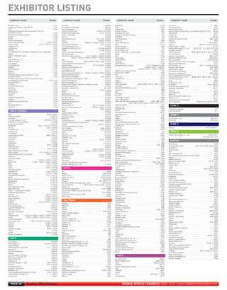 EXHIBITOR LISTING
MWC12 Daily DAY2_DAY2 23/02/2012 14:23 Page 54




       COMPANY NAME                                            STAND            COMPANY NAME                                              STAND            COMPANY NAME                                            STAND            COMPANY NAME                                            STAND

     Brightstar Corp.                                               CY01      comScore                                                         4.6HS52   eBuddy B.V                                                      7C34    Comverse                                                        8B83
     Costales, Fernandez y Asociados SA                             CY25      CounterPath Corporation                                          4.6HS21   eGain                                                           7D58    CSG International                                              8A67
     CTTC                                                           CY03      Cygnus Broadband                                                 4.7HS27   Endomondo                                                       7E63    Duracell Powermat                                             8B127
     Directorate General for Telecommunications and the                       Deutsche Telekom AG                                 4.1EHS14, 4.1EHS15     Enough Software                                                 7D62    emporia Telecom Produktions- und Vertriebs GmbH & Co KG       8A139
     Information Society                                            CY03      Discretix Technologies Ltd.                               2C72, 4.7HS22    Enterprise Lithuania                                              7H2   eServGlobal                                                    8A69
     EEN-Enterprise Europe Network                                  CY03      D-Link Corporation                                               4.6HS38   Enterprise Lithuania IT Cluster                                   7H2   Ezetop Ltd                                                     8C55
     Emovilia                                                       CY03      Ecrio Inc.                                                       4.2HS36   ETRONIKA                                                          7H2   Gemalto SA                                                    8A102
     Etisalat                                                       CY20      Entre Marketing Ltd                                 1E19, 1F62, 4.4HS25    EVP International                                                7G7    Giesecke & Devrient GmbH                                 8B65, AV84
     Eurostar Mediagroup                                            CY22      Equinix                                                4.6HS02, 4.6HS05    Fastaxi SL                                                      7E86    Golla Oy                                                       8A50
     France Telecom/Orange                                 CY07, 4.7HS56      Facebook                            4.6HS22, 4.7HS35, 4.7HS44, 4.7HS46     FeliCa Networks, Inc                                          7A107     Google Inc                                              8C25, 8C32
     Fujitsu Limited                             CY15, 3.1HS125, 3.1HS87      France Telecom/Orange                                     CY07, 4.7HS56    Fiksu                                                           7H12    Gree Inc                                   8A167, 3.1HS19, 3.1HS21
     Fundació i2Cat                                                 CY03      GCT Semiconductor, Inc.                                          4.5HS02   Fon Technology                                                  7E69    GSMA Pavilion - GSMA                                          8C118
     Geeksphone                                                     CY22      Google Asia Pacific Pte. Ltd                           4.6HS49, 4.6HS53    fonYou Telecom, S.L                                               7F5   Huawei Technologies Co., Ltd      8A159, Z6.1, Z6.2, Z6.4, Z6.5, Z6.6
     Genaker                                                        CY03      GSMA                                                    2.1A68, 4.6HS13    Forum Telecom, Inc.                                              7F16   Innopath Software                                              8C67
     GOVERNMENT OF CATALONIA /GENERALITAT DE CATALUNYA              CY03      GSMA - Partnership Programme                                     4.7HS32   Garmin / NAVIGON - a Garmin Brand                               7D36    Intel Corporation               8B192, 8B197, 6HS14, 7B28, 4.1HS01
     Gowex                                                          CY25      HCL Technologies                                        2.1A36, 4.4HS19    GetJar                                                            7H2   LG Electronics Inc                                            8B178
     GSMA - Embedded House                                          CY13      Hewlett-Packard Company                7C37, 4.6HS04, 4.6HS08, 4.6HS09,    GfK                                                             7C69    Morpho, e-Documents                                      8B76, AV79
     IBM                                                            CY23                     4.6HS11, 4.6HS12, 4.6HS15, 4.6HS17, 4.6HS31, 4.6HS35        Grupo.Mobi                                                      7E71    Motorola Mobility UK Ltd                                8A28, 8A51
     Ingenia Telecom, S.L.                                          CY22      Ikivo                                                      2F13, 4.6HS46   GSMA OneAPI                                                     7B82    NEC Corporation                                       8A125, 8A150
     INVEST IN SPAIN                                                CY25      Intel Corporation                  8B192, 8B197, 6HS14, 7B28, 4.1HS01      HaptiMap                                                        7H14    NewNet Communication Technologies                             8A169
     JSC Ingenium                                                   CY25      Intrinsyc Software International, Inc.                           4.7HS01   HeART BIT, Inc.                                                 7A94    Nokia Siemens Networks                                         8C01
     Juniper Networks                                               CY06      Jasper Wireless                                 2C110, 4.4HS01, 4.4HS30    Hewlett-Packard Company                      7C37, 4.6HS04, 4.6HS08,    NTT DoCoMo, Inc                             8B117, 4.2HS40, 4.2HS42
     Mobbeel                                                        CY25      Kyocera Communications, Inc                                      4.5HS04                                             4.6HS09, 4.6HS11, 4.6HS12,    Oberthur Technologies                                    AV66, 8B68
     Narada Robotics                                                CY03      LG Innotek Co., Ltd                                              4.7HS19                                    4.6HS15, 4.6HS17, 4.6HS31, 4.6HS35     Orga Systems GmbH                                        AV91, 8B70
     Naranya                                                        CY22      MASTERIMAGE 3D                                                   4.1EHS7   Hidden Brains Infotech Pvt.Ltd                                    7G4   Powerwave Technologies                                        8B109
     NEAPOLIS                                                       CY03      Maxim Integrated Products, Inc. 4.3HS01, 4.3HS05, 4.3HS12, 4.3HS40         HR-Germany / iGRIP                                              7F10    Qualcomm Incorporated                                    8B30, 8B53
     Panasonic Mobile Communications Co., Ltd.                      CY31      McAfee International Ltd                                         4.7HS42   IGTS                                                              7H2   Rich Communications Ecosystem                                 8C118
     Protección Online                                              CY25      Mformation Technologies                                   1A56, 4.4HS31    Immersion                                                       7C56    Samsung Electronics Co Ltd      8B169, 8B171, 8B175, 8B177, 8C167
     Secretaría de Estado de Telecomunicaciones y para                        Microelectronics Technology Inc. (MTI)                           4.6HS57   InMobiles BV                                                    7H16    SanDisk Corporation                                             8B91
     la Sociedad de la Información                           CY22, CY25       Micron Technology, Inc.                                          4.2HS18   Innova                                                          7C62    Sicap                                                           8B94
     Simfonics Iberia S.L.                                          CY22      MIPS Technologies, Inc.                                          4.6HS36   InQBarna                                                        7E84    SK Planet Co., Ltd                                            8A147
     SITmobile                                                      CY22      Mobile World Capital - Barcelona Conference Centre               4.9HS01   Intel Corporation                8B192, 8B197, 6HS14, 7B28, 4.1HS01     SK Telecom                                            8A142, 8A147
     Sixtemia Mobile Studio                                         CY03      Monotype Imaging Ltd                                             4.7HS36   InternetQ                                                       7B26    Skyworks Semiconductor SAS                                    8C132
     Solaiemes                                                      CY22      MontaVista Software, Inc                                       4.1EHS16    INTSIG INFORMATION CO., LTD                                     7E45    Symantec Corporation                                          8A171
     Sybase 365                                                     CY18      Movidius                                                2.1E51, 4.7HS06    Invensense                                                      7B80    Symsoft                                                        8C72
     Telenor Group                                                  CY19      Movik                                                            4.7HS14   Itero                                                             7H2   Tecore Networks                                                8C78
     Tempos21                                                       CY03      MtekVision Co., Ltd                                              4.5HS01   Itinerarium                                                      7F83   Teleca AB                                                       8B79
     Ubiqua                                                         CY25      Murata Electronics Europe                                        4.7HS38   iTo, UAB                                                          7H2   TeleCommunication Systems, Inc.                               8C115
     Unkasoft Advergaming                                           CY25      Nanoradio AB                                                     4.7HS60   J1CK Mobile Systems                                             7B86    Telefonica S.A.                                               8A115
     Urbiotica                                                      CY03      Netbiscuits GmbH                                                 4.5HS11   Jabra / GN Netcom                                               7E58    Texas Instruments Incorporated                                 8A84
     Vodafone Group Services Ltd                                    CY29      NetLogic Microsystems Inc.                                       4.5HS44   Japan External Trade Organization (JETRO)         7A84, 7A88, 7A90,     ZTE Corporation                        8B145, 8C129, 8C139, 8C141
     Zain                                                           CY21      NetNumber Inc                                                    4.7HS47                       7A92, 7A98, 7A103, 7A104, 7A106, 7A107, 7A112
     Zed Worldwide S.A.                                             CY22                                                                                 Jarbull by Globsis                                               7F20
                                                                              NTT DoCoMo, Inc                                 8B117, 4.2HS40, 4.2HS42
                                                                                                                                                         jig.jp co., ltd.                                              7A100
                                                                                                                                                                                                                                   ZONE 3
     Zhilabs SL                                                     CY22      Nuance Communications, Inc.                   4.7HS03, 4.7HS18, 4.7HS20
                                                                              Polycom                                                   2D01, 4.6HS06    Kaspersky Lab                                                   7B38    Ford Motor Company                                               Z3.2
       Hall 3.1 Gallery                                                       Pontis                                                           4.5HS29   Krusell                                                         7E68    Qtel International                                               Z3.1
                                                                              QuantumWave Capital                                              4.7HS48   madvertise Mobile Advertising                                  7B102
     Actix                                                    8C66, 3.1HS16   RealNetworks Inc                                                 4.0HS19   Mail2World, Inc.                                                  7G9     ZONE 4
     Antenna Software                                              3.1HS172   Red Bend Software                                                4.3HS50   Malcom                                                          7E73
     AuthenTec                                                     3.1HS174   ROUTE 66                                                         4.7HS04   mBlox                                                           7D49    HTC Europe Co Ltd                                         1D34, Z4.1
     AVG Technologies CZ, s.r.o.                        3.1HS138, 3.1HS140    S Technologies Ltd                  4.4HS03, 4.4HS05, 4.4HS07, 4.4HS09     mediba Inc.                                                     7A90    ST-Ericsson                                               7D45, Z4.2
     BridgeWave Communications                                      3.1HS86   Samsung Semiconductor Europe GmbH                                4.0HS02   Metasite Business Solutions, UAB                                  7H2
     Business Logic Systems                                        3.1HS186   Scalado                                                4.6HS27, 4.6HS61    Microgaming Software Systems Ltd                                7H20      ZONE 5
     Bytemobile                                  2B77, 3.1HS113, 3.1HS115     Shazam Entertainment Limited                                     4.2HS12   millenoki ltd                                                   7B33
     CelCite                                                  2B13, 3.1HS44   Sierra Wireless                                           AV44, 4.3HS02    milog Inc.                                                      7A88    Ericsson                                             6E01, 6E30, Z5.1
     Cloudmark Inc                                                 3.1HS133   Sonus Networks                                            2C13, 4.2HS25    MIPI Alliance                                                   7H10
     Cognovo Ltd                                                    3.1HS30   Sprint                                                         4.1EHS10    MOBIBASE                                                          7F3     ZONE 6
     Colt Telecom                                                   3.1HS26   SRS Labs                                                         4.7HS10   Mobile Systems, Inc.                                            7E61
     Communology GmbH                                       2B68, 3.1HS112                                                                               MobileKing GmbH                                                 7D42    Huawei Technologies Co., Ltd                            8A159, Z6.1,
                                                                              Stollmann E+V GmbH                                               4.6HS62
     Critical Path                                                  3.1HS42                                                                              MobOn                                                             7H2                                                   Z6.2, Z6.4, Z6.5, Z6.6
                                                                              SYNAPTICS INC                                                    4.7HS39
     CTI Group                                                      3.1HS50   Syniverse                                                AV105, 4.1EHS8    Mocean Mobile                                                   7B34
     Deltenna                                                      3.1HS181   Synopsys                                                         4.2HS15   Mokipay Europe                                                    7H2     Avenue
     DigitalRoute                                                   3.1HS04   The Carphone Warehouse                                         4.1EHS19    Movilway                                                        7B68
                                                                                                                                                                                                                                 Acme Packet                                                       AV48
     DxO Labs                                                 2E47, 3.1HS88   TM Forum                                                         4.6HS50   Mozilla                                                  7A38, 7B96
                                                                                                                                                                                                                                 ALCATEL ONE TOUCH                      AV10, AV12, AV32, AV33, AV34
     Evolving Systems                                               3.1HS98   TomTom                                                           4.3HS19   Mubiquo Apps S.L                                                7B90
                                                                                                                                                                                                                                 ANADIGICS                                                         AV83
     EXFO Nethawk                                             1G55, 3.1HS20   Ubiquisys                                       AV92, 4.1EHS12, 4.3HS13    MultiActiva Mobile                                               7F81
                                                                                                                                                                                                                                 Aricent Group                                                     AV86
     Export Development Canada                                      3.1HS93   Verizon Wireless                   4.1EHS3, 4.1EHS4, 4.7HS13, 4.7HS15      NDrive Navigation Systems SA                                    7C70
                                                                                                                                                                                                                                 Atos                                                              AV06
     Fujitsu Limited                              CY15, 3.1HS125, 3.1HS87     Vesta Corporation                                                4.6HS63   NeoSOFT Technologies                                             7F95
                                                                                                                                                                                                                                 BelAir Networks Inc.                                              AV03
     FUJITSU SEMICONDUCTOR LIMITED                           1F69, 3.1HS175   VIMPELCOM LTD                                          4.1EHS5, 4.1EHS6    Neosono                                                         7E85
                                                                                                                                                                                                                                 BICS (Belgacom International Carrier Services)                    AV47
     Fundamo                                                       3.1HS168   VisualOn Inc                                            2.1D24, 4.7HS05    net mobile AG                                                   7D35
                                                                                                                                                                                                                                 Blippar                                                           AV35
     Good Technology                                                3.1HS96   Wi-Fi Alliance                                                   4.6HS48   Neustar                                                  AV89, 7A86
                                                                                                                                                                                                                                 BlueRun Ventures                                                 AV100
     Gree Inc                                     8A167, 3.1HS19, 3.1HS21     Wind River                                                2A17, 4.4HS02    NewPace Technology Development Inc.                              7F89
                                                                                                                                                                                                                                 Booz & Company GmbH                                        AV116, 1F51
     Hitachi, Ltd.                      2.1D40, 3.1HS41, 3.1HS51, 3.1HS61     Yulong Computer Telecommunication                                          Nokia Corporation                                   7H30, 7H40, 7I10
                                                                                                                                                                                                                                 Brightpoint, Inc.                                                 AV78
     iBasis                                                 1E32, 3.1HS164    Scientific (Shenzhen) Co., Ltd                                   4.1EHS2   NTT Solmare Corporation                                 7C44, 6HS84
                                                                                                                                                                                                                                 Carbon Diem                                                       AV35
     Joyent                                                2.1A75, 3.1HS90                                                                               Octopod, Ltd                                                    7B92
                                                                                                                                                                                                                                 Ciena                                                      AV09, AV74
     Kaelus                                                 1D68, 3.1HS166      Hall 6                                                                   Oonair                                                          7C35
                                                                                                                                                                                                                                 Cisco                                               8A70, 8A111, AV64
     Lime Microsystems                                             3.1HS100                                                                              OPENMARKET                                                      7E42
                                                                                                                                                                                                                                 Convergys                                                  1G69, AV69
     MediaTek Inc.                                          1C58, 3.1HS161    ACI                                                           6HS4         openTrends Solucions i Sistemes S.L                              7F93
                                                                                                                                                                                                                                 Dell Marketing L.P.                                               AV23
     MicroStrategy                                         2.1C50, 3.1HS97    Aepona                                                  7E44, 6HS8         OtterBox                                                        7D60
                                                                                                                                                                                                                                 Dialog Semiconductor                                       AV108, 2F28
     Mindspeed Technologies                                 1E57, 3.1HS131    Alcatel-Lucent                                         6C23, 6C63          Planet Media                                                    7C83
                                                                                                                                                                                                                                 Dialogic Inc.                                                    AV114
     Movile                                                        3.1HS184   Atlantic Provinces                                   6HS18, 6HS20          Plunge interactive                                               7F85
                                                                                                                                                                                                                                 eeGeo lTd                                                         AV35
     Movius Interactive Corporation                                3.1HS126   Brightcove                                             7G8, 6HS28          Podsimka LLC                                                    7A72
                                                                                                                                                                                                                                 Emitac Mobile Solutions                                           AV25
     Nextreaming                                                   3.1HS176   Ericsson                                          6E01, 6E30, Z5.1         Private Planet                                                  7C30
                                                                                                                                                                                                                                 Freescale Semiconductor                                           AV27
     NGMN Ltd                                                      3.1HS114   IMA (Israel Mobile and Media Association)              6C43, 6C50          QITLABS                                                         7D83
                                                                                                                                                                                                                                 Freescale Semiconductors UK Ltd                                   AV35
     Nielsen                                                       3.1HS149   Intel Corporation               8B192, 8B197, 6HS14, 7B28, 4.1HS01         Qustodian                                                        7F84
                                                                                                                                                                                                                                 Geonovo Limited                                                   AV35
     Nomor Research GmbH                                            3.1HS56   MobiTV, Inc                                                  6HS10         Roambi                                                        7C106
                                                                                                                                                                                                                                 Giesecke & Devrient GmbH                                    8B65, AV84
     Oasis SMart SIM                                               3.1HS185   NTT Solmare Corporation                               7C44, 6HS84          RubicPro Ltd.                                                     7F1
                                                                                                                                                                                                                                 Imperial College London                                           AV35
     Packet 1 - Greenpacket Sdn Bhd                                3.1HS101   Sony Ericsson Mobile Communications AB                        6E01         RUNTASTIC                                                        7F91
                                                                                                                                                                                                                                 INSIDE Secure                                               2D88, AV72
     Peregrine Semiconductor                                        3.1HS01   Telmap Ltd                                            7C42, 6HS24          Sennheiser Communications A/S                                   7D56
                                                                                                                                                                                                                                 Iwireless Solutions                                               AV35
     Picochip                                               1E57, 3.1HS127    Transaction Network Services (TNS)                           6HS80         Service2Media                                                   7B35
                                                                                                                                                                                                                                 Location Labs / Safely                                           AV100
     PMC-Sierra Inc.                                      3.1HS08, 3.1HS10    Urban Airship                                                6HS82         SHIFT inc.                                                    7A106
                                                                                                                                                                                                                                 LSI                                                               AV76
     Procera Networks                                    2.1A39, 3.1HS170                                                                                ShinobiControls                                                   7G6
                                                                                                                                                                                                                                 Marvell Semiconductor, Inc.                                       AV55
     Rambus Inc                                          3.1HS09, 3.1HS13       App Planet                                                               SlashMobility                                                   7E83
                                                                                                                                                                                                                                 Metaswitch Networks                                               AV81
     Redknee                                     1E37, 3.1HS165, 3.1HS171                                                                                Sling Media Inc                                                 7E52
                                                                              AddFleet                                                          7E87                                                                             Millennial Media                                                  AV42
     RGB Networks                                                   3.1HS34                                                                              Smaato                                                          7C38
                                                                              ADEYA SA                                                          7F24                                                                             mimoOn GmbH                                                      AV109
     Sonim Technologies                                            3.1HS102                                                                              SOFT FOR YOU, SL                                                7F87
                                                                              Adfonic                                                          7A96                                                                              Mobile World Live                                           AV05, AV20
     Sycamore Networks, Inc.                                       3.1HS155                                                                              Spicysoft Corporation.                                          7A98
                                                                              Adtriple                                                          7E73                                                                             Mobilize                                                          AV35
     Symmetricom, Inc                                               3.1HS99                                                                              ST-Ericsson                                               7D45, Z4.2
                                                                              Aepona                                                     7E44, 6HS8                                                                              Morpho, e-Documents                                         8B76, AV79
     Tecnotree Corporation                                  1C50, 3.1HS187                                                                               STMicroelectronics                                              7C18
                                                                              AGENCE FRANCE PRESSE                                             7D64                                                                              Myriad Group AG                                                  AV102
     TeleTech                                                      3.1HS147                                                                              Synctur                                                         7D87
                                                                              agmis, UAB                                                         7H2                                                                             Neustar                                                     AV89, 7A86
     TeliaSonera AB           3.1HS31, 3.1HS33, 3.1HS35, 3.1HS36, 3.1HS37                                                                                Tajseed Co. Ltd.                                                7D46
                                                                              Airpush                                                          7A80                                                                              Oberthur Technologies                                       AV66, 8B68
     Tessera                   2.1D32, 3.1HS65, 3.1HS70, 3.1HS71, 3.1HS72                                                                                TeleSoftas UAB                                                    7H2
                                                                              ALK Technologies Ltd                                             7C80                                                                              Openet                                                            AV94
     T-GAIA Corporation                                             3.1HS05                                                                              Telmap Ltd                                              7C42, 6HS24
                                                                              ANALOG TWELVE Co., Ltd.                                         7A102                                                                              Oracle                                                            AV60
     Tieto Corporation                 1F25, 3.1HS153, 3.1HS156, 3.1HS158                                                                                theChanner                                                      7E81
                                                                              Apadmi Ltd                                                       7C28                                                                              Orga Systems GmbH                                           AV91, 8B70
     Velocent                                            3.1HS83, 3.1HS84                                                                                Thumbstar                                                       7C28
                                                                              Apperian, Inc                                                    7G11                                                                              PacketVideo                                                       AV38
     VeriFone                                               2D06, 3.1HS129                                                                               TransferJet Consortium                                          7D22
                                                                              appMobi                                                           7E75                                                                             Pinger                                                            AV01
     Vidiator                                                 2D05, 3.1HS58                                                                              Upstream Mobile Marketing Limited                               7D61
                                                                              arara inc.                                                       7A92                                                                              Renesas Mobile Corporation                                        AV16
     ViewSonic Europe                                         2H10, 3.1HS54                                                                              Uwanna Inc                                                      7G10
                                                                              Artificial Solutions                                        2F13, 7F86                                                                             RFMD                                                              AV71
     Vlingo                                                         3.1HS24                                                                              VALID                                                           7B84
                                                                              Auris                                                             7F16                                                                             Rovi Europe Limited                                               AV90
     Volubill                                               1B18, 3.1HS162                                                                               VELTI                                                           7C58
                                                                              BACKELITE                                                        7D84                                                                              SEVEN Networks                                                    AV41
     Wireless Intelligence                                          3.1HS85                                                                              Vopium A/S                                                       7F12
                                                                              Baltic Car Equipment                                               7H2                                                                             Sierra Wireless                                          AV44, 4.3HS02
                                                                                                                                                         Voxtrot                                                         7A82
                                                                                                                                                                                                                                 SmithMicro Software                                               AV22
       Hall 4                                                                 Baltic Web Studio                                                  7H2     Vserv Digital Services Pvt. Ltd                                   7H1
                                                                                                                                                                                                                                 Stream Communications                                             AV35
                                                                              BCN touch                                                         7E80     WAC Application Services Ltd.                                   7C82
     4G Americas                                                 4.7HS50      BIJUTSU SHUPPAN NETWORK Co., ltd.                               7A103                                                                              Sub10 Systems Ltd                                                 AV35
                                                                                                                                                         WIN Information Technology Inc                                 7B104
     Acer Europe S.A                                   4.1EHS9, 4.1EHS13      BlackBelt SmartPhone Defence Limited                             7C28                                                                              Syniverse                                               AV105, 4.1EHS8
                                                                                                                                                         Wireless Media                                                  7D80
     AdaptiveMobile                                              4.6HS01      BlackBerry by Research In Motion Ltd                             7B42                                                                              TATA Communications (America)                                     AV99
                                                                                                                                                         WorldConnect AG                                                 7B98
     Adobe Systems Incorporated                            1C31, 4.1HS37      Blinzy Studios                                                   7D81                                                                              The Western Union Company                                         AV87
                                                                                                                                                         wöwbile Mobile Marketing                                        7D85
     Airvana LLC                                                 4.7HS58      Brightcove                                                 7G8, 6HS28                                                                              TriQuint Semiconductor                                      1B55, AV97
                                                                                                                                                         Yospace Technologies Ltd                                        7D20
     Altair Semiconductor                                        4.6HS23      Business Support Solutions                                       7C28                                                                              Ubiquisys                                      AV92, 4.1EHS12, 4.3HS13
                                                                                                                                                         Zyncro                                                           7F82
     Amobee                                                      4.3HS15      BuzzCity Pte Ltd                                                  7E47                                                                             UK Trade & Investment                                             AV35
                                                                                                                                                                                                                                 Wipro Technologies                                                AV30
     Aptina Imaging Corporation                                  4.5HS16      Canonical                                                        7C87        Hall 8                                                                Wolfson Microelectronics                                          AV95
     ASUS Technology PTE. LTD                                    4.4HS14      CELSYS,Inc                                                       7C44
     Atmel Corporation                                           4.3HS10      Ciklum                                                            7F14     2LK DESIGN LTD                                               8B192      Wood & Douglas                                                    AV35
     Audience, Inc.                                              4.7HS31      CooTek                                                           7C90      Acision Nederland B.V                                   8A86, 8A93
     austriamicrosystems – TAOS                            2H02, 4.5HS14      Counterpoint, SL                                                  7F80     Actix                                                8C66, 3.1HS16
     Avvasi Inc                                            2A97, 4.6HS39      Coyote Systems                                                   7C81      AirWatch                                                     8B110
     Aylus Networks, Inc.                                        4.6HS07      CRI Middleware Co., Ltd.                                        7A104      Amdocs Management Limited                                    8B101
     Broadcom Corporation                                        4.1HS02      Deezer                                                           7C86      AT&T                                                    8A77, 8A80
     BroadSoft, Inc.                                    2.1A12, 4.1EHS11      Desay Electronics (Huizhou) Co Ltd                        2A103, 7F97      Cellebrite                                                    8B71
     Cambridge Broadband Networks Limited                  1G26, 4.3HS30      Digimarc Corporation                                             7B70      Celltick                                                      8B73
     Cambridge Silicon Radio Ltd                                 4.0HS27      Down to Moon                                                      7E82     Cisco                                            8A70, 8A111, AV64
     Citibank N.A.                                               4.1EHS1      eBay Inc                                                         7D90      CLX Networks                                                  8C72




        PAGE 54               Tuesday 28th February                                                                                                               MOBILE WORLD CONGRESS DAILY 2012 | www.mobileworldcongress.com
 