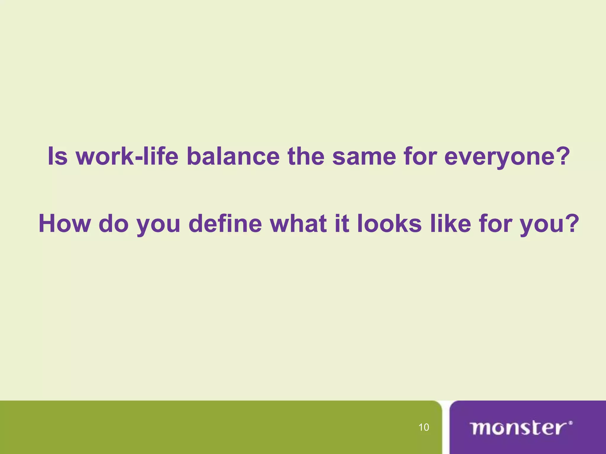 Is work-life balance the same for everyone?

How do you define what it looks like for you?




                               10
 