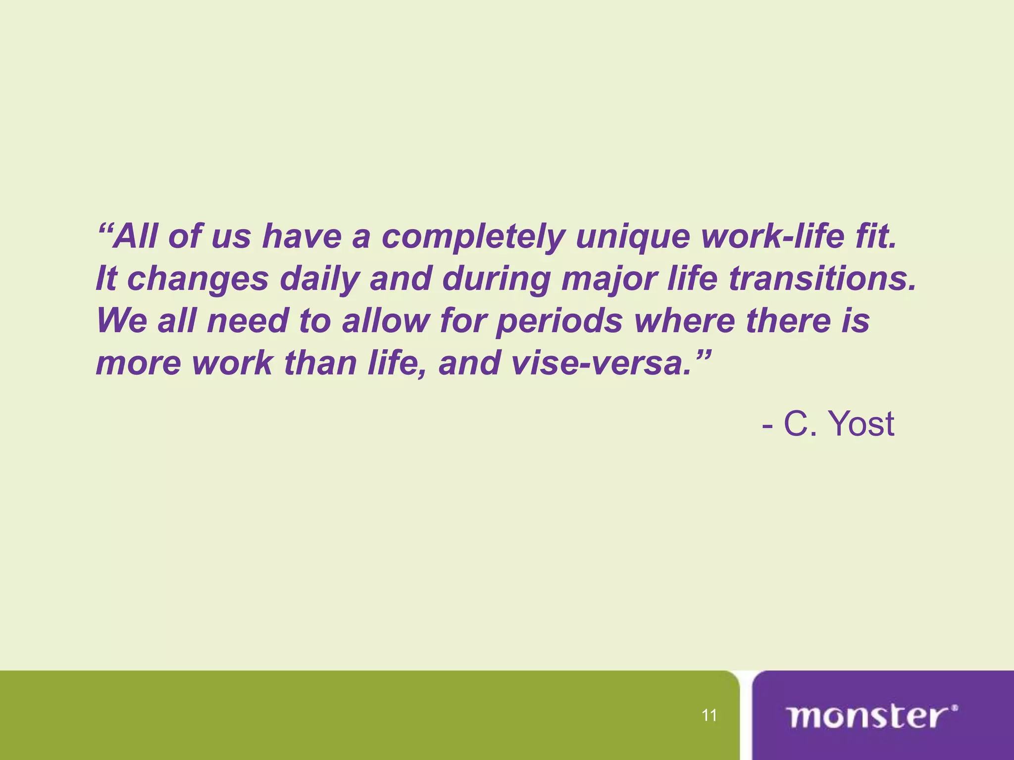 “All of us have a completely unique work-life fit.
It changes daily and during major life transitions.
We all need to allow for periods where there is
more work than life, and vise-versa.”
                                          - C. Yost




                                     11
 