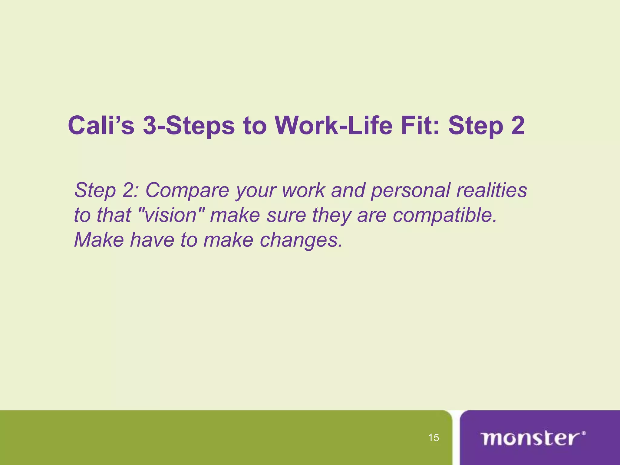Cali’s 3-Steps to Work-Life Fit: Step 2

Step 2: Compare your work and personal realities
to that "vision" make sure they are compatible.
Make have to make changes.




                                     15
 