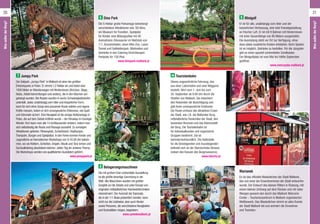 Jumpy Park
Der Seilpark „Jumpy Park“ in Malbork ist einer der größten
Erlebnisparks in Polen. Er nimmt 1,2 Hektar ein und bietet über
1500 Meter an Wanderwegen mit Hindernissen (Brücken, Stege,
Netze, Abfahrteinrichtungen und andere), die in den Bäumen auf-
gehängt wurden. Die Routen wurden in sechs Schwierigkeitsstufen
unterteilt. Jeder, unabhängig vom Alter und körperlicher Form,
kann für sich ohne Sorge eine passende Route wählen und eigene
Kräfte messen, indem er sich unvergessliche Erlebnisse, viel Spaß
und Adrenalin sichert. Eine Neuigkeit ist die einzige Kletteranlage in
Polen, die auf dem Gebiet eröffnet wurde – der Himalaja im Danziger
Werder. Dort kann man alle 14 Achttausender erobern, indem man
sich selbständig die Route und Passage auswählt. Zu sonstigen
Attraktionen gehören: Fitnessplatz, Schießstand, Hüpfburgen,
Trampolin, Burgen und Spielplätze. In den Ferien können Kinder und
Jugendliche an thematischen Workshops von 9-16.00 Uhr teilneh-
men, wo sie Klettern, Schießen, Angeln, Musik und Tanz lernen und
Survivaltraining absolvieren können. Jeden Tag ein anderes Thema.
Die Workshops werden von qualifizierten Ausbildern geführt.
www.jumpypark.pl
Dino Park
Die 5 Hektar große Parkanlage beherbergt
verschiedene Attraktionen wie: 5D-Kino,
ein Museum für Fossilien, Spielplatz
für Kinder, eine Bildungsallee mit 40
Animatronic-Dinosaurier im Maßstab von
1:1, Souvenirladen, einen Mini-Zoo, Laser-
Tunnel und Seilkletterpark. Mahlzeiten und
Getränke in den Catering-Einrichtungen.
Parkplatz für 150 Pkw.
www.dinopark.malbork.pl
Touristenbahn
Dieses ungewöhnliche Fahrzeug, das
aus einer Lokomotive und zwei Waggons
besteht, fährt vom 1. Juni bis zum
30. September ab 9.00 Uhr durch die
Straßen von Malbork. Sie erleichtert
den Reisenden die Besichtigung und
gibt ihnen unvergessliche Eindrücke.
Die Route umfasst alle attraktiven Ecken
der Stadt, wie z.B. die Malborker Burg,
mittelalterliche Denkmäler der Stadt, den
tanzenden Brunnen und das Kleinmodell
der Burg. Die Touristenbahn ist
für Individualkunden und organisierte
Gruppen bestimmt. Sie ist
behindertenfreundlich. Die Haltestelle
für die Einsteigenden und Aussteigenden
befindet sich an der Starościńska-Strasse
(neben den Kassen des Burgmuseums).
www.latocha.pl
Marianek
Es ist das offizielle Maskottchen der Stadt Malbork,
das von einer der Einwohnerinnen der Stadt entworfen
wurde. Der Entwurf des kleinen Ritters in Rüstung, mit
einem kleinen Umhang auf dem Rücken und mit roten
Wangen gewann den durch das Malbork Welcome
Center – Tourismuszentrum in Malbork organisierten
Wettbewerb. Das Maskottchen nimmt an allen Events
der Stadt Malbork teil und animiert die Einwohner
und Touristen.
Belagerungsmaschinen
Die mit großem Elan vorbereitete Ausstellung
ist die größte derartige Sammlung in der
Welt. Alle Maschinen wurden mit größter
Sorgfalt um die Details und unter Einsatz von
originalen mittelalterlichen Handwerktechniken
rekonstruiert. Der Ausmaß der Exponate,
die in der 1:1 Skala präsentiert werden, kann
nicht nur die Liebhaber, aber auch Kinder
sowie Personen, die verschiedene Neuigkeiten
und Kuriositäten mögen, begeistern.
www.zamekmalbork.pl
Minigolf
Er ist für alle, unabhängig vom Alter und der
körperlichen Verfassung, eine tolle Freizeitgestaltung
an frischer Luft. Er ist mit 9 Bahnen mit Hindernissen
mit einer Gesamtlänge von 80 Metern ausgestattet.
Die Ausrüstung steht vor Ort zur Verfügung, ohne
dass dabei zusätzliche Kosten entstehen. Beim Spielen
ist es möglich, Getränke zu bestellen. Für die Jüngsten
gibt es einen speziell vorbereiteten Sandkasten.
Der Minigolfplatz ist vom Mai bis Hälfte September
geöffnet.
www.zamczysko.malbork.pl

6
7
8
9
20 21
WasaußerderBurg?
WasaußerderBurg?
 