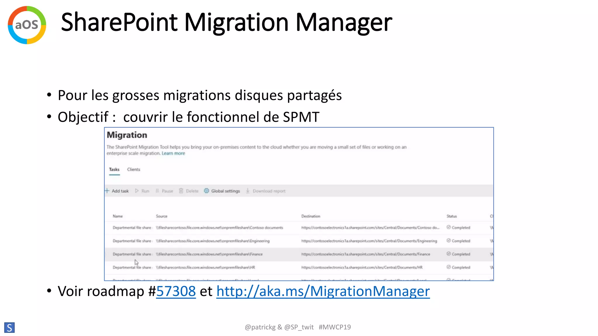 SharePoint Migration Manager
S @patrickg & @SP_twit #MWCP19
• Pour les grosses migrations disques partagés
• Objectif : couvrir le fonctionnel de SPMT
• Voir roadmap #57308 et http://aka.ms/MigrationManager
 