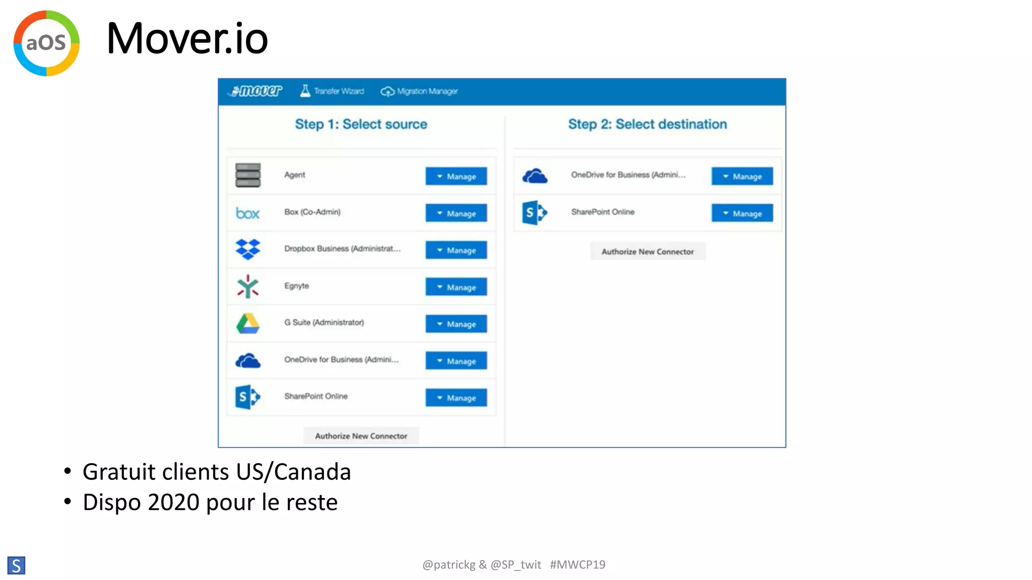 Mover.io
S @patrickg & @SP_twit #MWCP19
• Gratuit clients US/Canada
• Dispo 2020 pour le reste
 