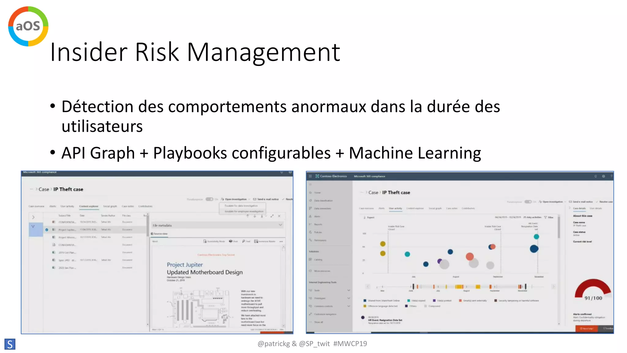 Insider Risk Management
• Détection des comportements anormaux dans la durée des
utilisateurs
• API Graph + Playbooks configurables + Machine Learning
S @patrickg & @SP_twit #MWCP19
 