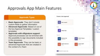 Approvals App Main Features
• Basic Approvals: They don’t include
custom fields to gather information
• Advanced Approvals: Based on out of
the box Approval Templates / custom
templates
• Approvals with eSignature support:
Approval processes can be enriched with
the possibility to sign documents included
in the processes
• Team Approvals: They can be basic or
advanced Approvals that are created in
the context of a Team
 