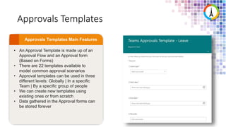 Approvals Templates
• An Approval Template is made up of an
Approval Flow and an Approval form
(Based on Forms)
• There are 22 templates available to
model common approval scenarios
• Approval templates can be used in three
different levels: Globally | In a specific
Team | By a specific group of people
• We can create new templates using
existing ones or from scratch
• Data gathered in the Approval forms can
be stored forever
 