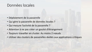 Données locales
• Déploiement de la passerelle
• Qui gère la passerelle de données locales ?
• Qui mesure l’activité de la passerelle ?
• Attention à ne pas créer un goulot d’étrangement
• Toujours travailler en cluster. Au moins 2 nœuds
• Utiliser des clusters de passerelles dediés aux applications critiques
 